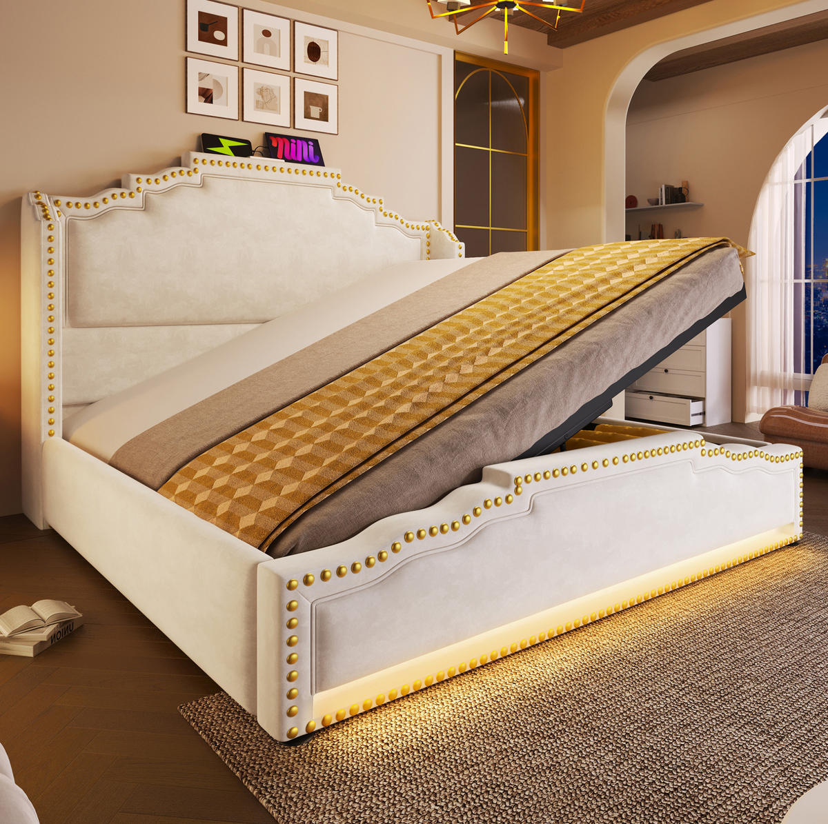 POLSTERBETT 140/200 cm Beige mit hydraulischem Stauraum und LED-Beleuchtung - Beige, Textil (140/200cm) - OKWISH