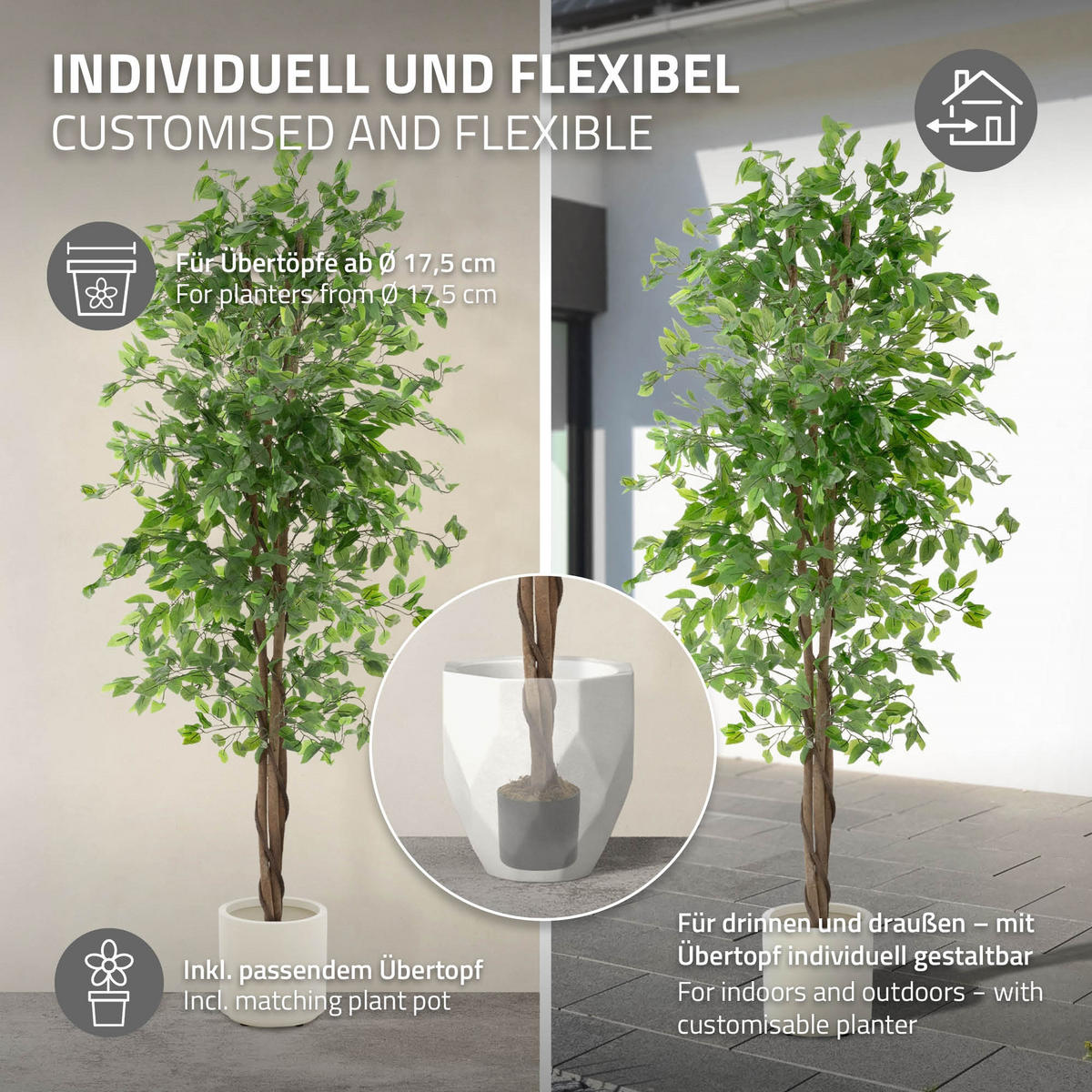 UMĚLÁ ROSTLINA Ficus 210 cm s kmenem z přírodního dřeva pro vnitřní i venkovní použití - černá/zelená barva, textil/plast (210cm) - ML-DESIGN