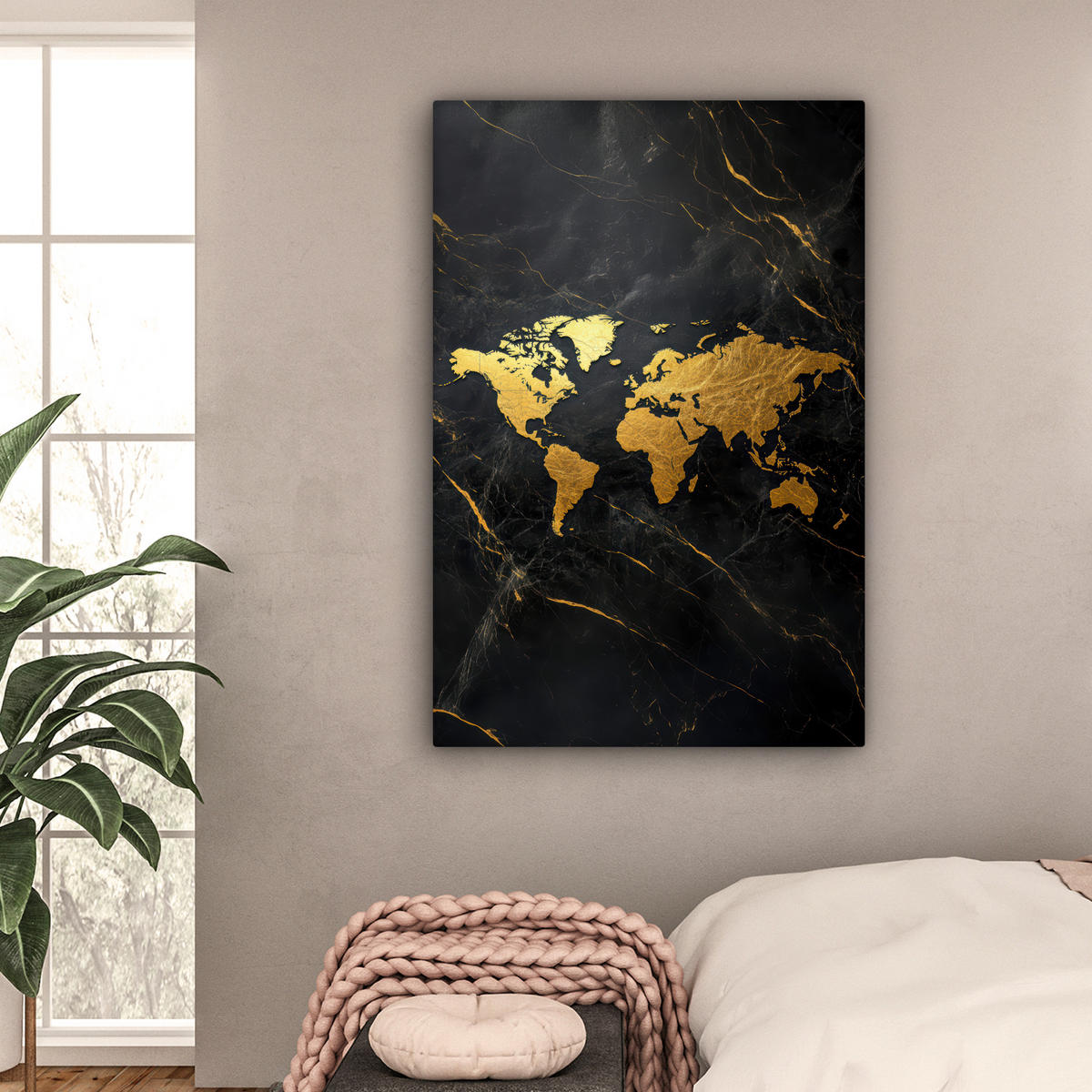 LEINWANDBILD Weltkarte - Gold - Marmor Deko XXL 80x120 cm - Goldfarben, Textil (80/120cm) - MuchoWow