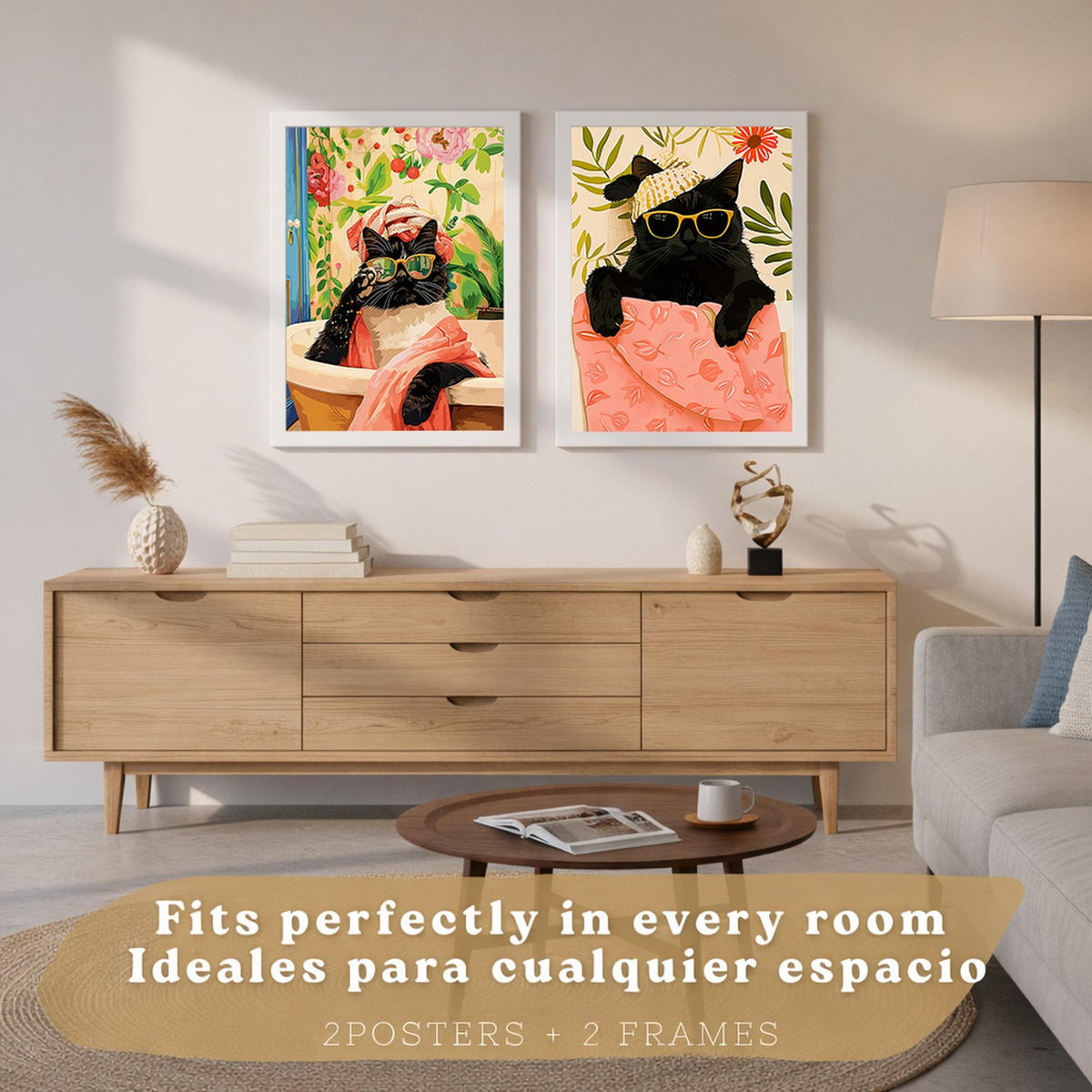 PLAKAT Sada 2 Černá kočka A3 Bílý rám - bílá, papír (29.7/1/42cm) - Nacnic