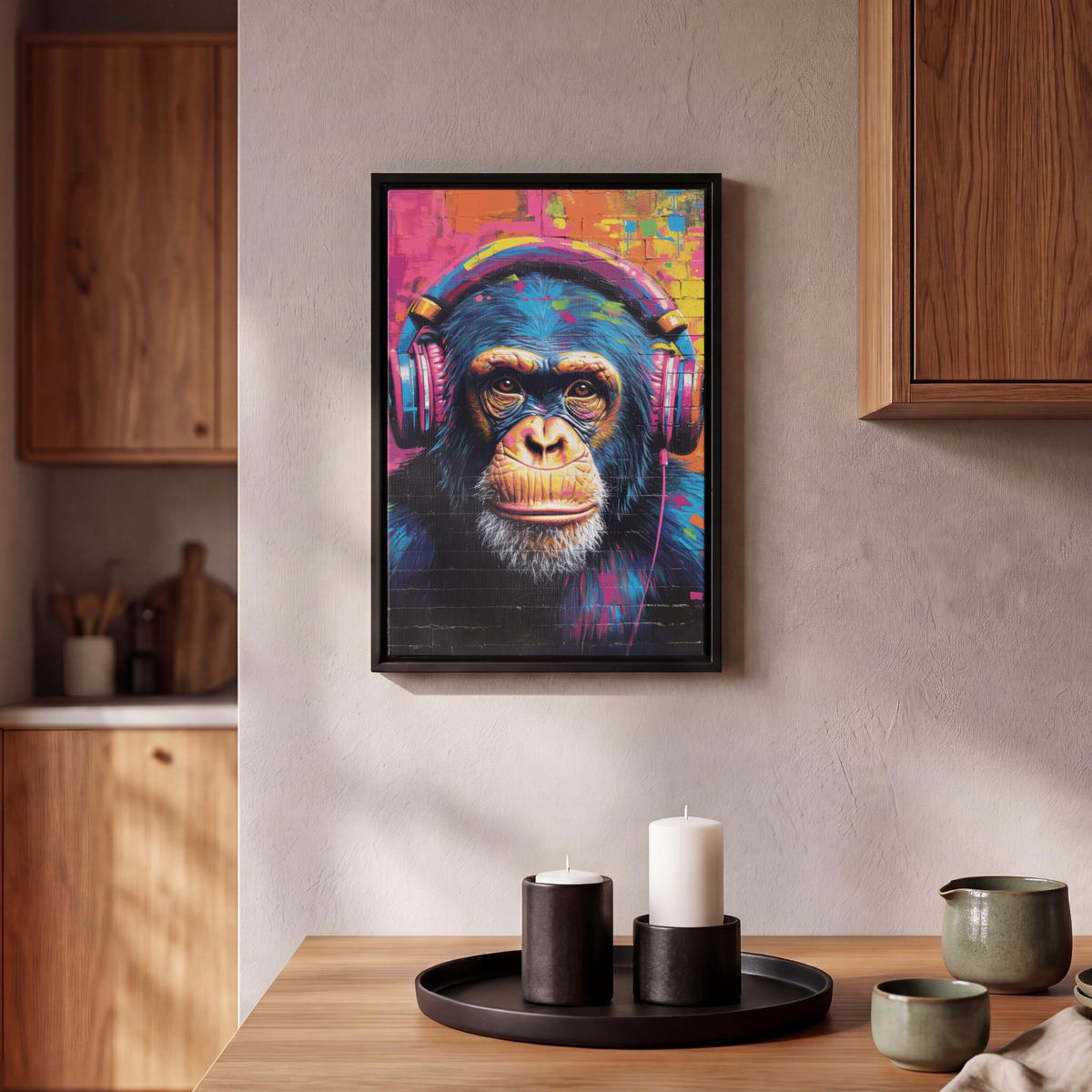 LEINWAND Bilder mit Rahmen - Graffiti - Schimpanse - Straßenkunst - Kopfhörer - Affe - 20x30 - Blau, Textil (20/30cm) - MuchoWow