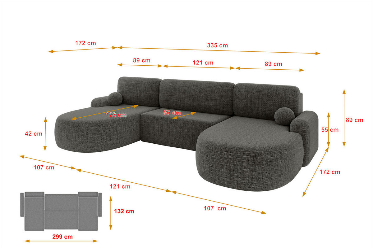 WOHNLANDSCHAFT mit Schlaffunktion und Bettkasten LIRA-U - 335x172x89 Grau - Grau, Holzwerkstoff/Textil (335/89/172cm) - ALTDECOR