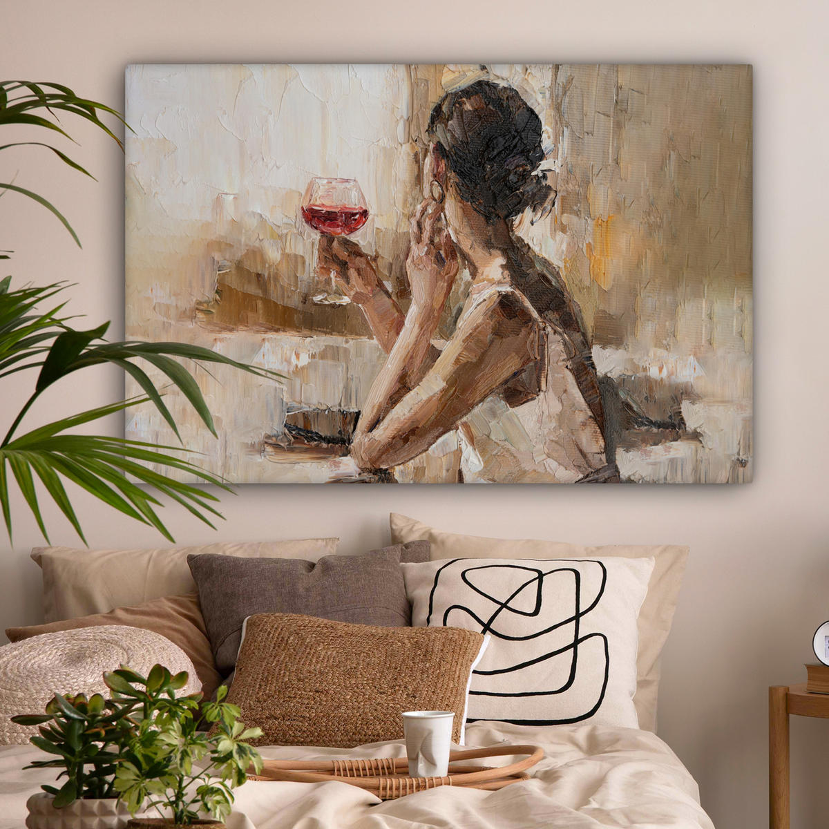 LEINWANDBILD Ölgemälde - Frau - Wein Wohnzimmer 120x80 cm - Hellbraun, Textil (120/80cm) - MuchoWow
