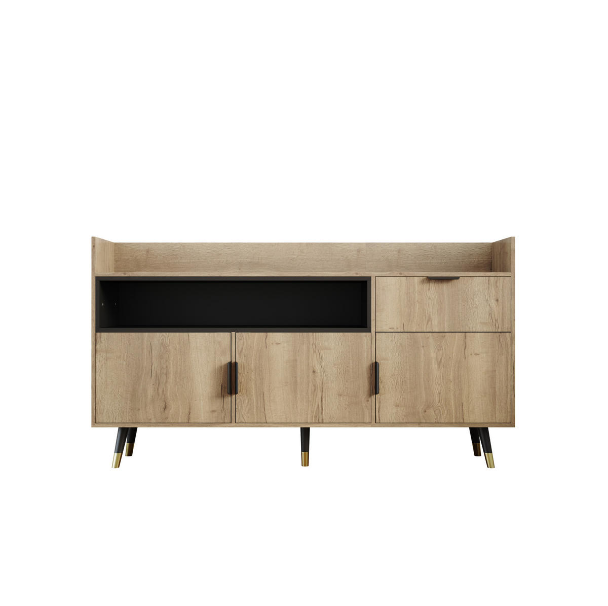 SIDEBOARD 160/35/82 cm mit offenem Regal, Schublade, Türen und LED-Beleuchtung aus Holzwerkstoff, Natur/Schwarz - Naturfarben, Holzwerkstoff (160/82/35cm) - Redom