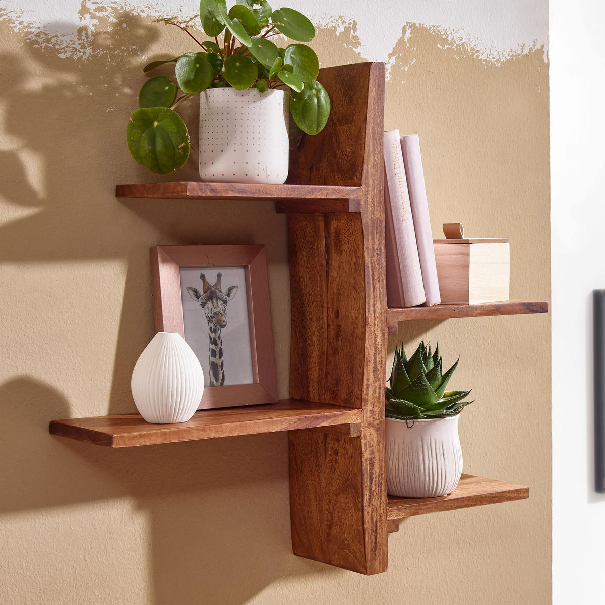WANDREGAL Massivholz Baumform 58x60x15 cm mit 4 Ablagen - Braun, Holz (58/60/15cm) - KADIMA DESIGN