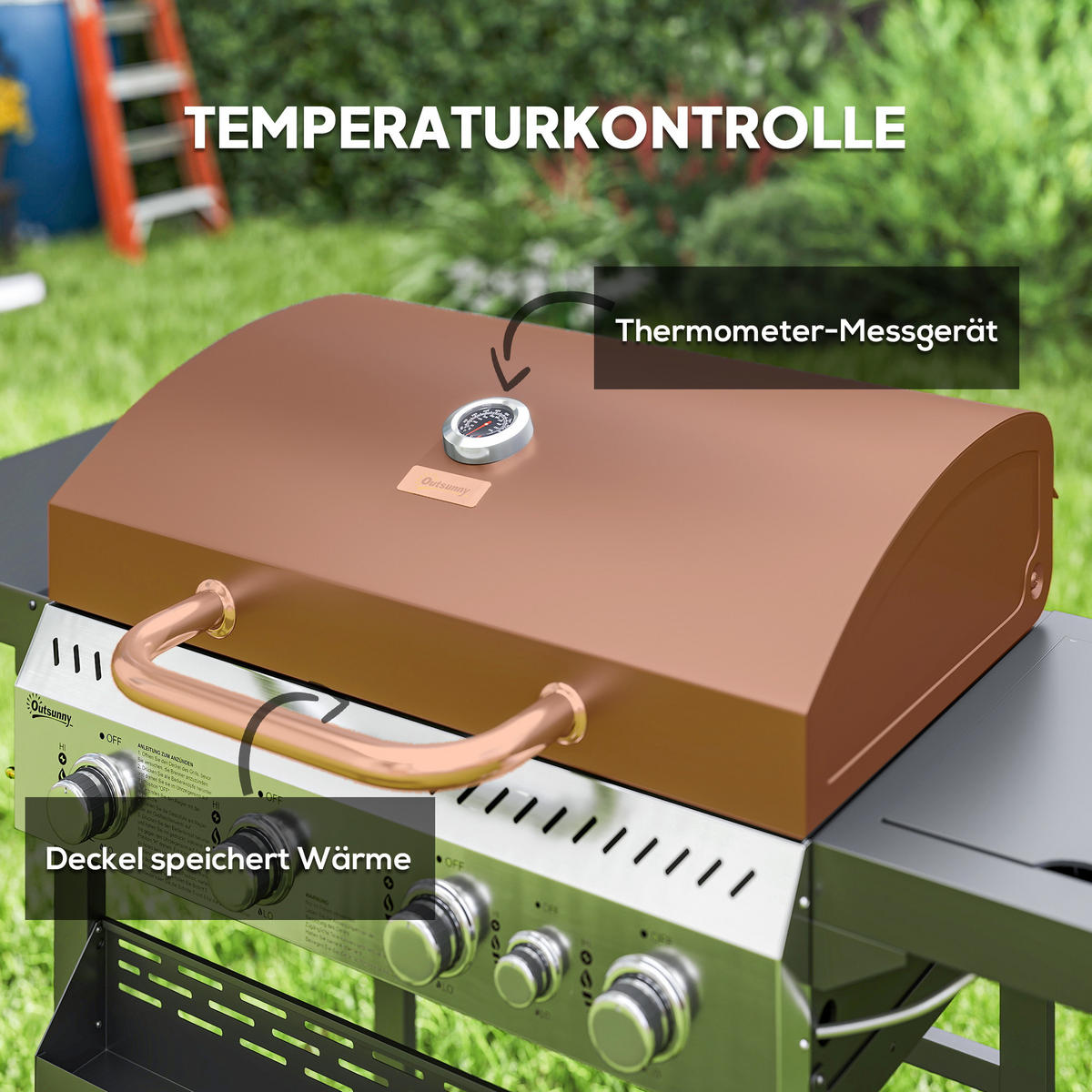 GASGRILL DE-10049 4 Hauptbrenner + Seitenkocher Schwarz - Schwarz, Metall (55/103/135cm) - ComfortXL