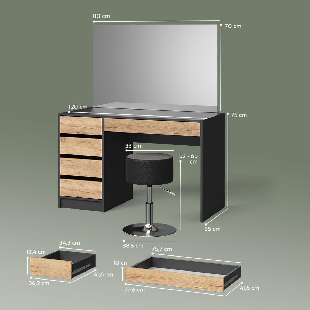 SCHMINKTISCH Imola Anthrazit/Goldkraft Eiche 120 cm mit Hocker - Anthrazit/Eiche Wotan, Holzwerkstoff (120/75/55cm) - Livinity®