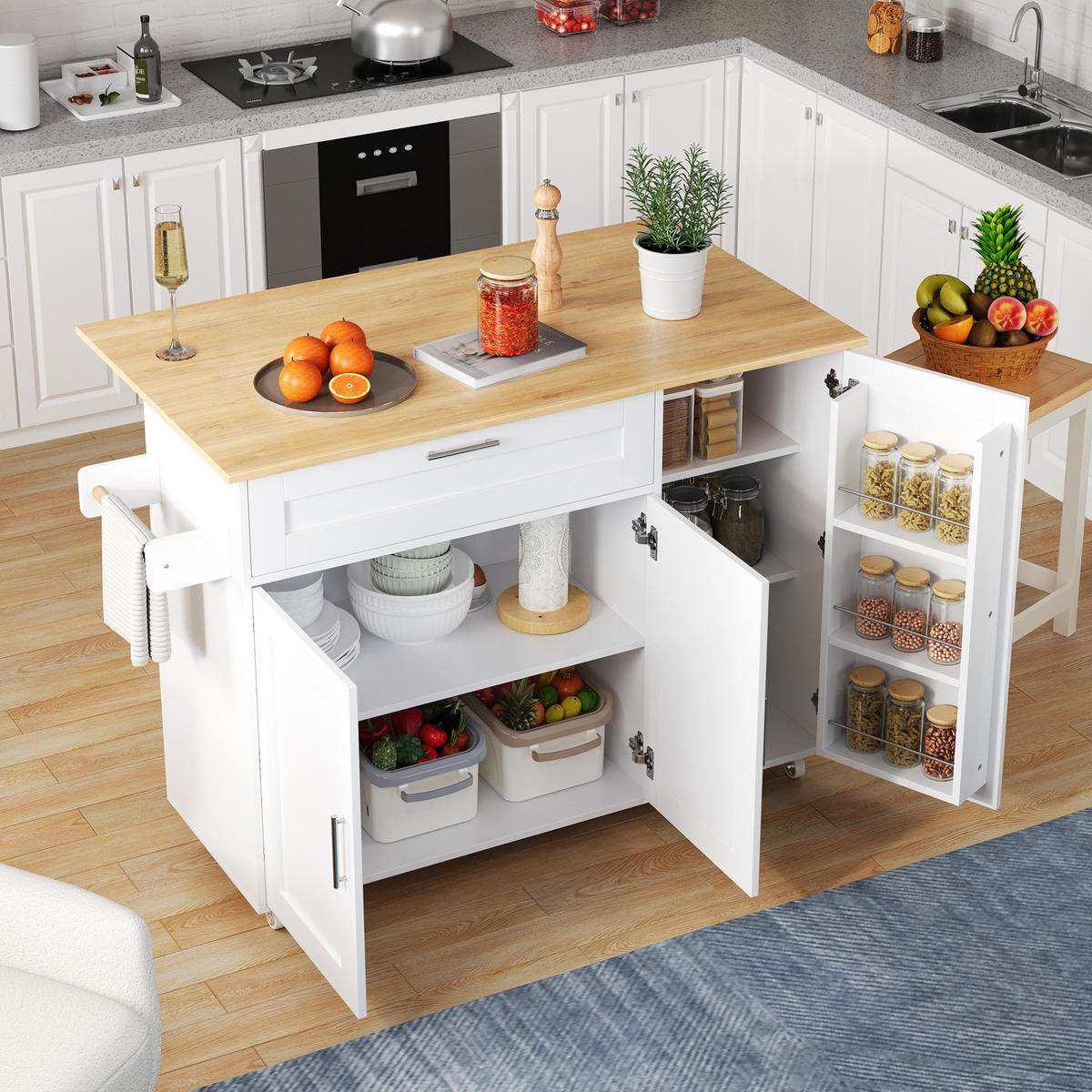 KÜCHENWAGEN 132,5/44(70)/90 cm in Weiß/Eicheoptik mit klappbarer Arbeitsplatte - Weiß, Holzwerkstoff (132.5/90/70cm) - Flora Grace