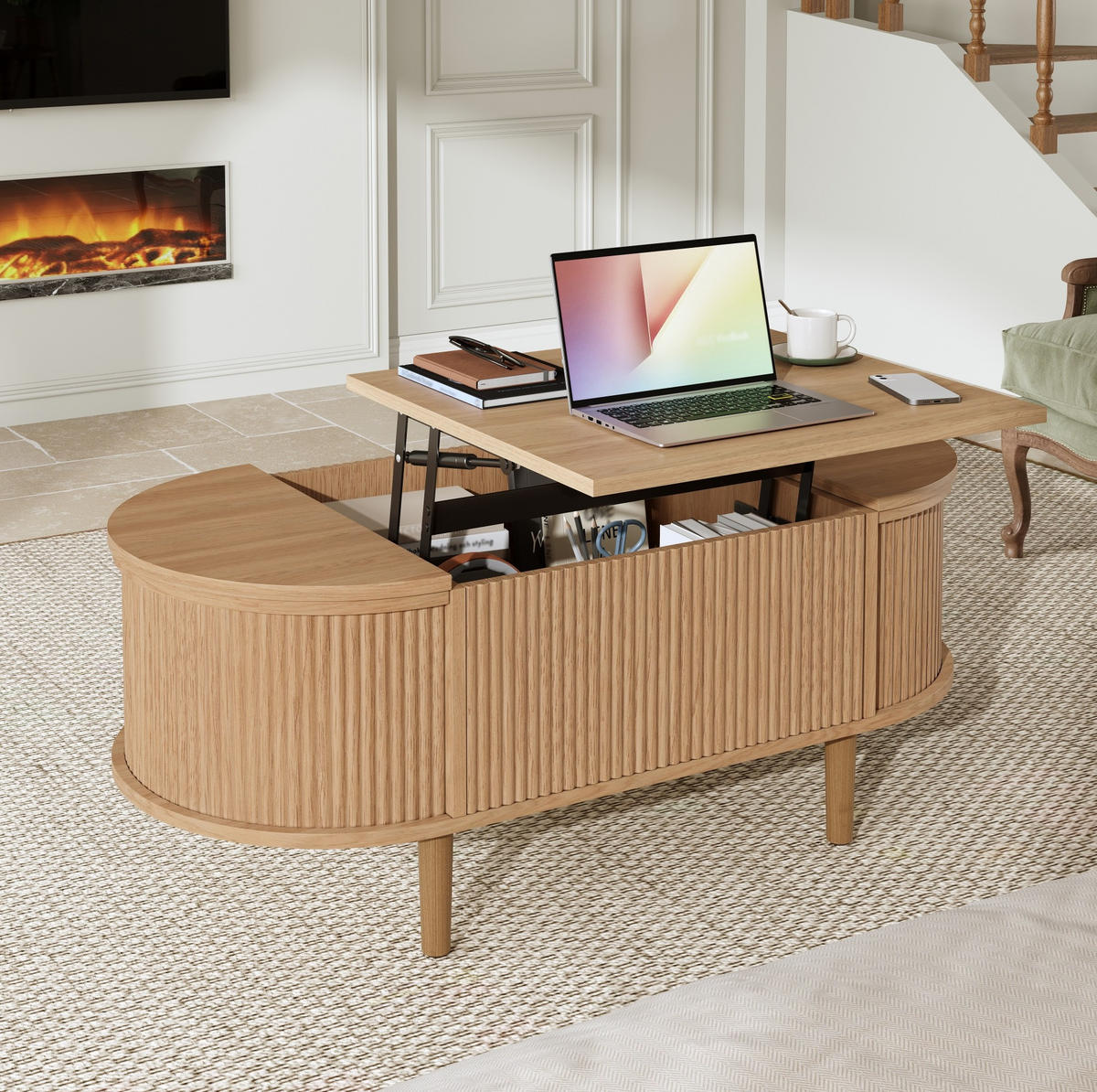 COUCHTISCH 100/48/53,5 cm mit höhenverstellbarer Tischplatte, Stauraum und ovalem Design aus MDF, Eiche - Eichefarben, Holzwerkstoff (100/48/53.5cm) - Modfu