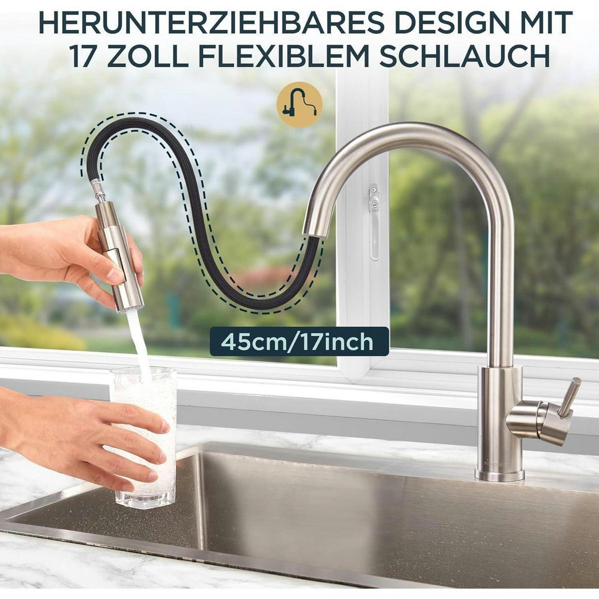 KÜCHENARMATUR mit hohem Bogen und ausziehbarer Brause Edelstahl - Silberfarben, Metall (5/42.5/25cm)