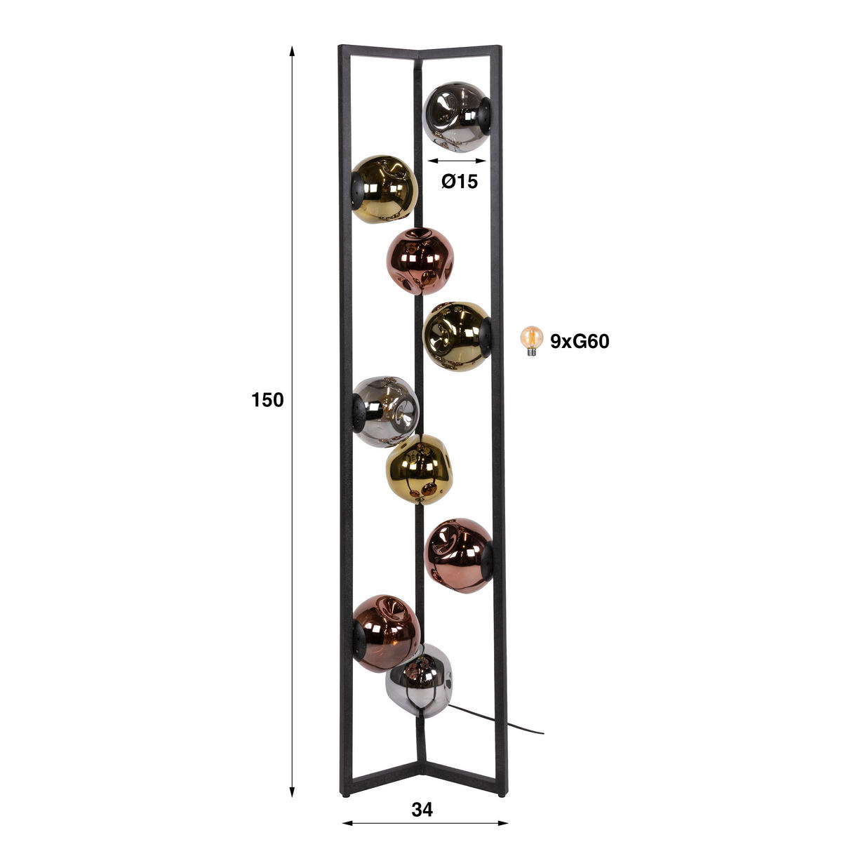 STEHLEUCHTE Stellar Schwarz 34/34/150 cm - Schwarz, Glas (34/34/150cm) - Hoyz Collection