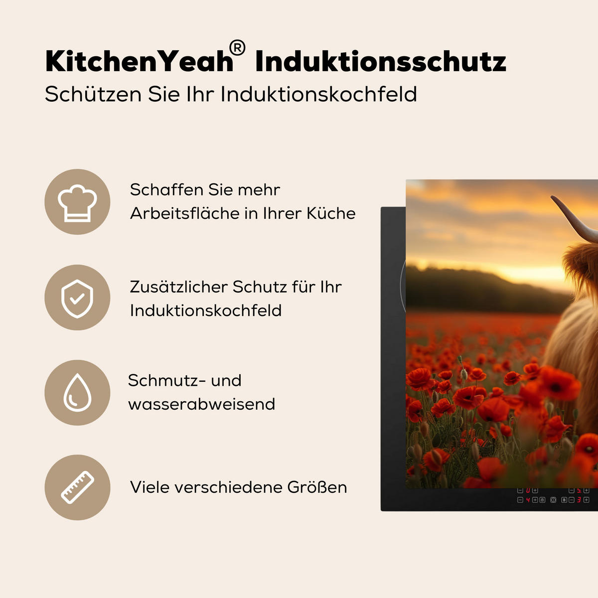 HERDABDECKPLATTE Schottische Highlander - Rosen - Blumenfeld - Sonnenuntergang Induktionsmatte 81x52 cm - Rotbraun, Kunststoff (81/52/0.2cm) - MuchoWow