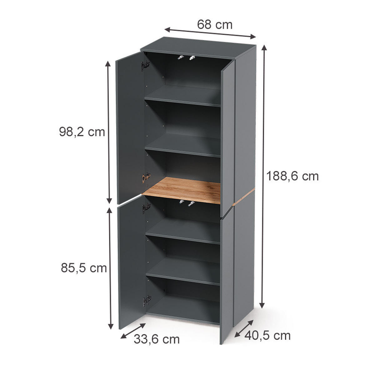 VISOKA OMARA Viktor, Antracit/Zlati hrast z močjo, 68 x 188.6 cm s 6 zaprtimi predali - medeni hrast/antracit, leseni material (68/188.6/40.5cm) - Vicco