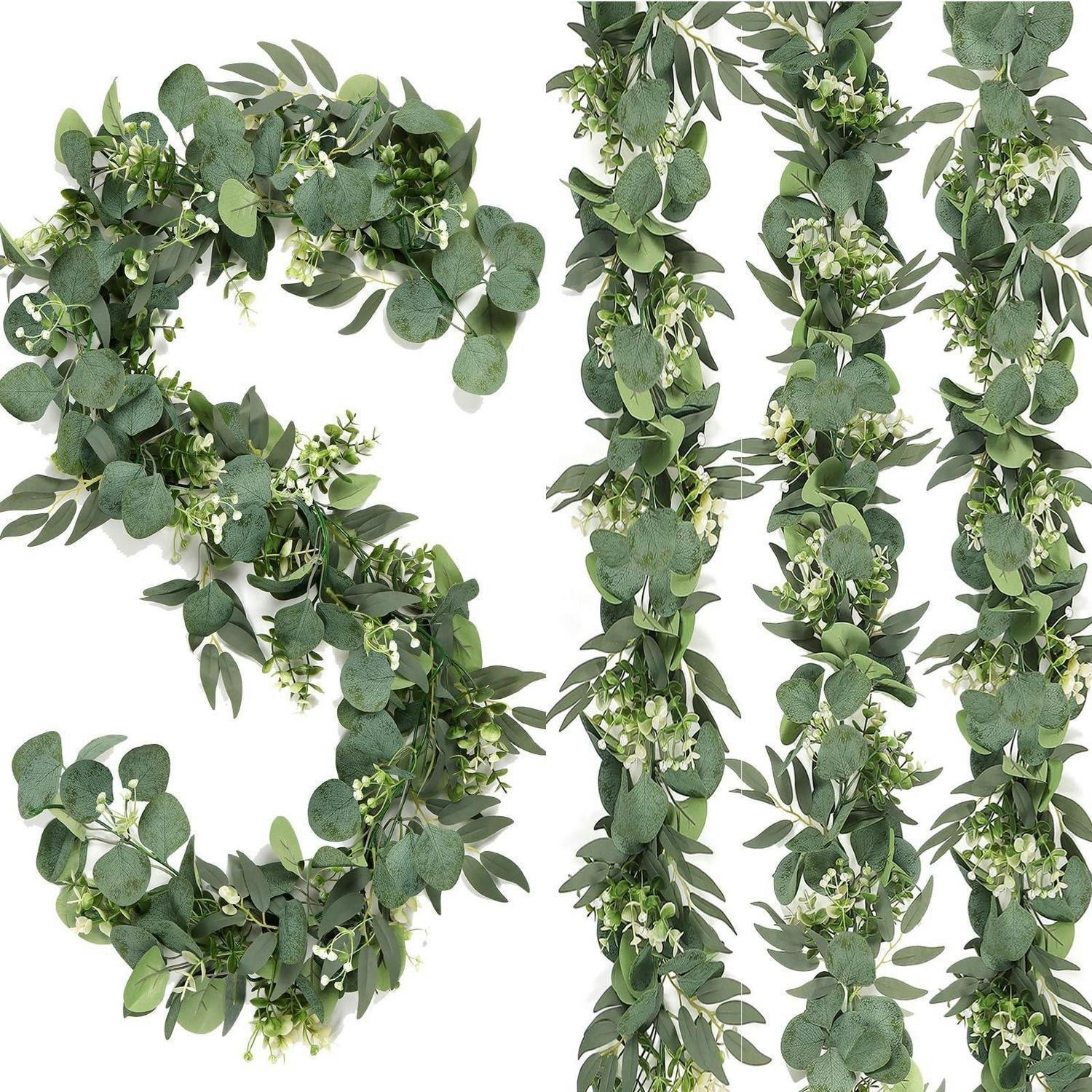GIRLANDE 4 Stück Eukalyptus mit weißen Blumen 170 cm - Grün, Kunststoff (180cm)