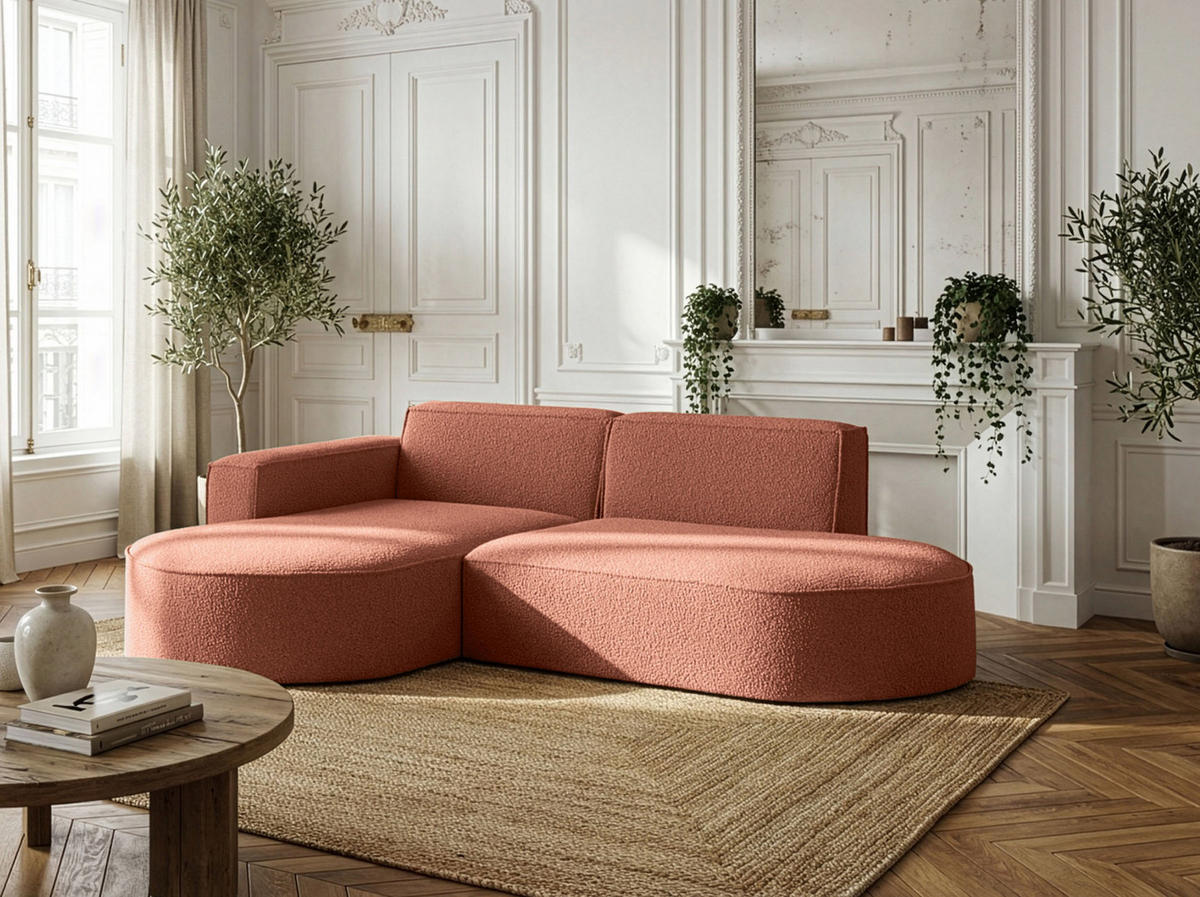 ECKSOFA Hana L-Form 3-Sitzer Ecke Links, Boucle, Terra 241/73/168 cm - Terracotta/Schwarz, Textil/Metall (241/168cm) - WFL GROUP