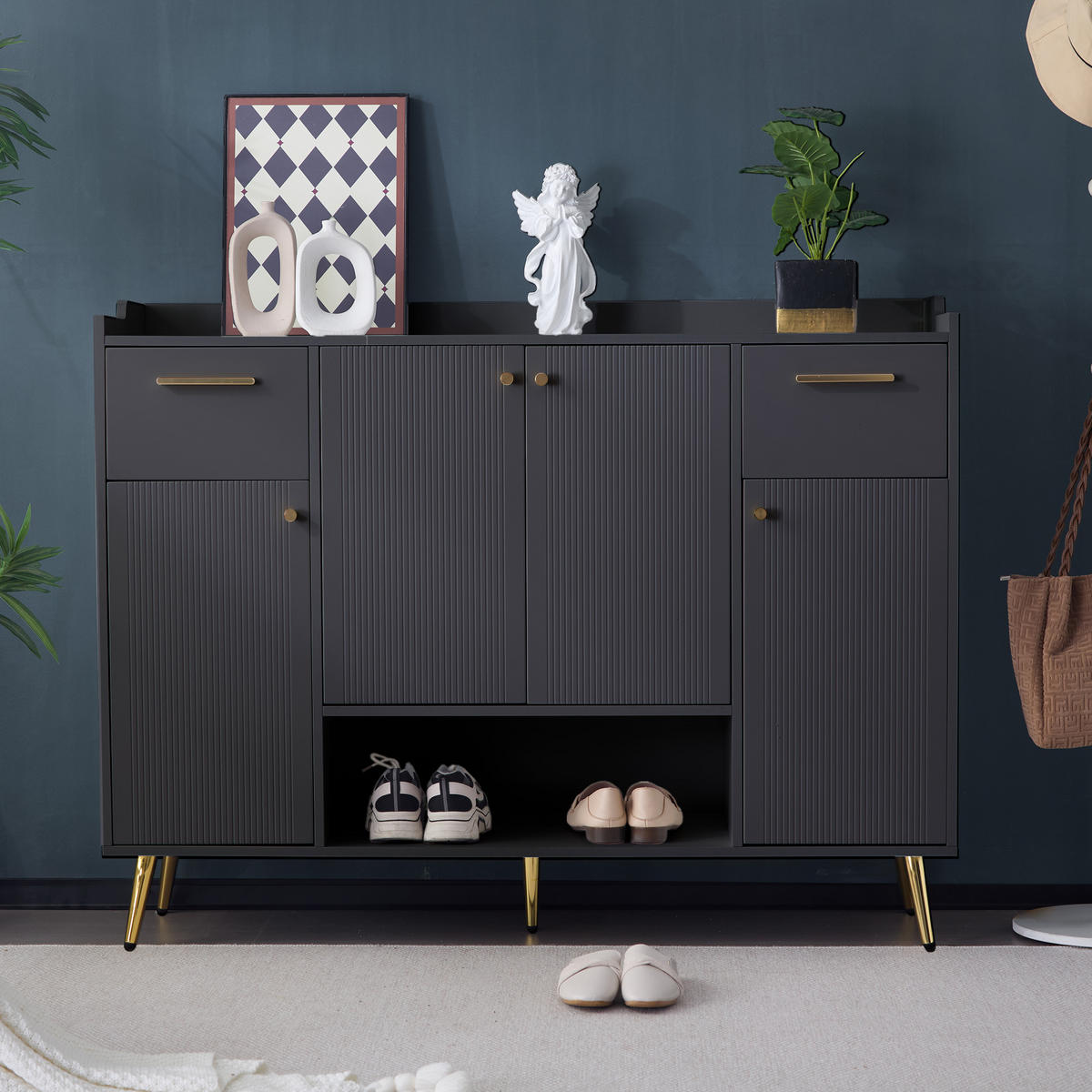 SCHUHSCHRANK mit 4 Türen Schwarz 130x37x100cm - Schwarz, Holzwerkstoff (37/100/130cm) - FLIEKS