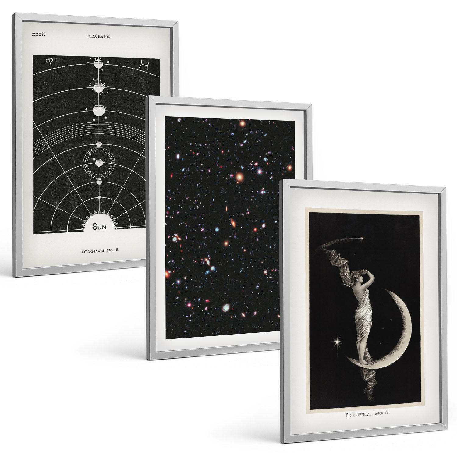 BILDER SET 3er Set - 40x60 cm Silberner Rahmen - Nachtdarstellung des Sonnensystems - Silberfarben, Kunststoff (40/60cm) - TULUP