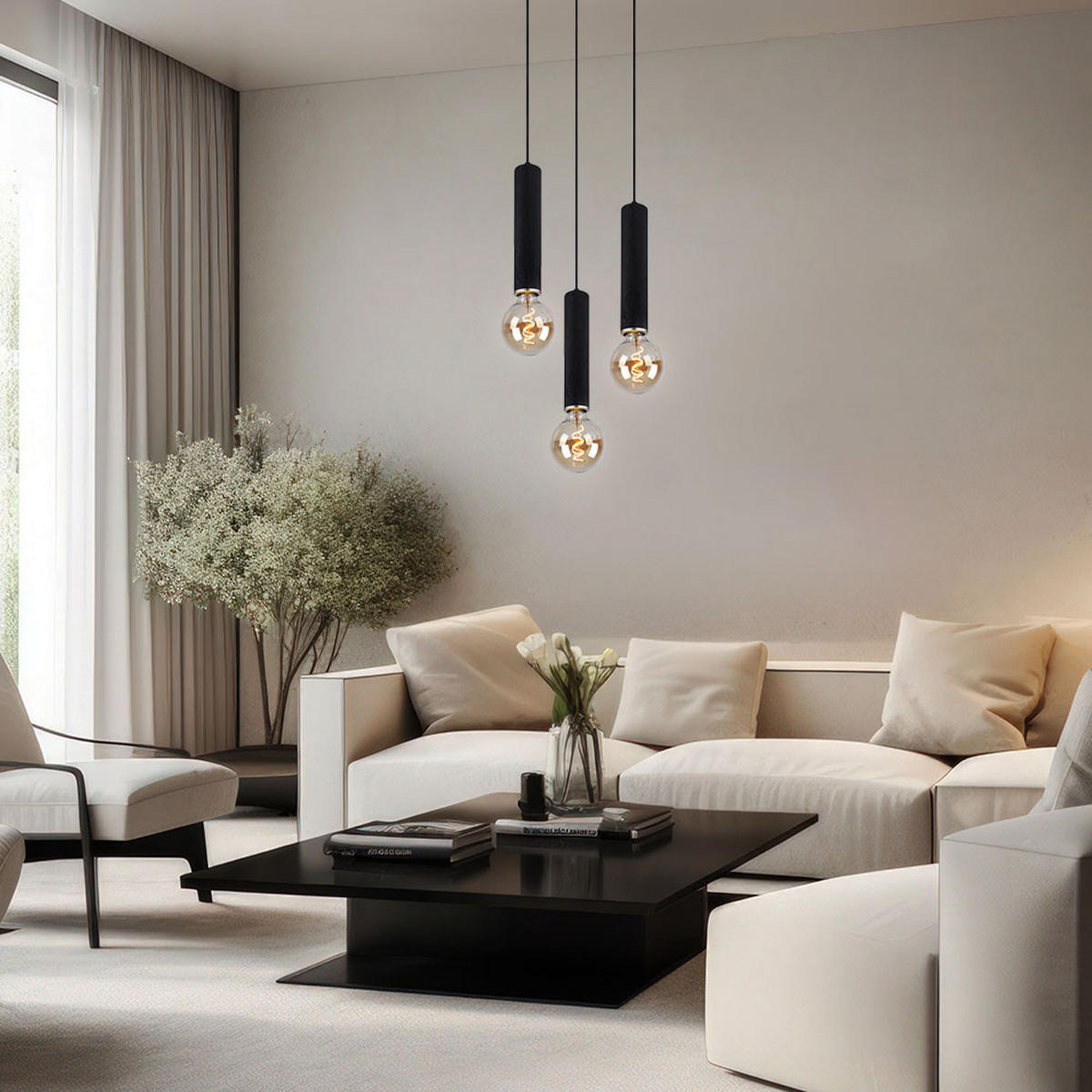 HÄNGELEUCHTE Holzoptik Schwarz 3-flammig - Schwarz, Holz (35/35/160cm) - Globo Lighting