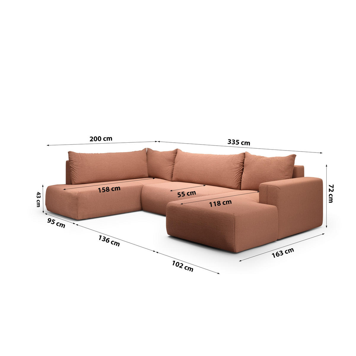 ECKSOFA aus Polyester Revolto U XL 8 Sitzer, Orange (Aragon 56) - Orange, Textil (335/200cm) - Meblito