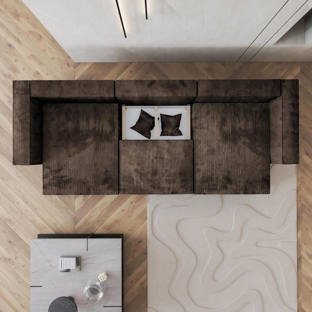 WOHNLANDSCHAFT SARMO P Braun Kordstoff mit Schlaffunktion - Braun, Holz (347/70/148cm) - MASSENO