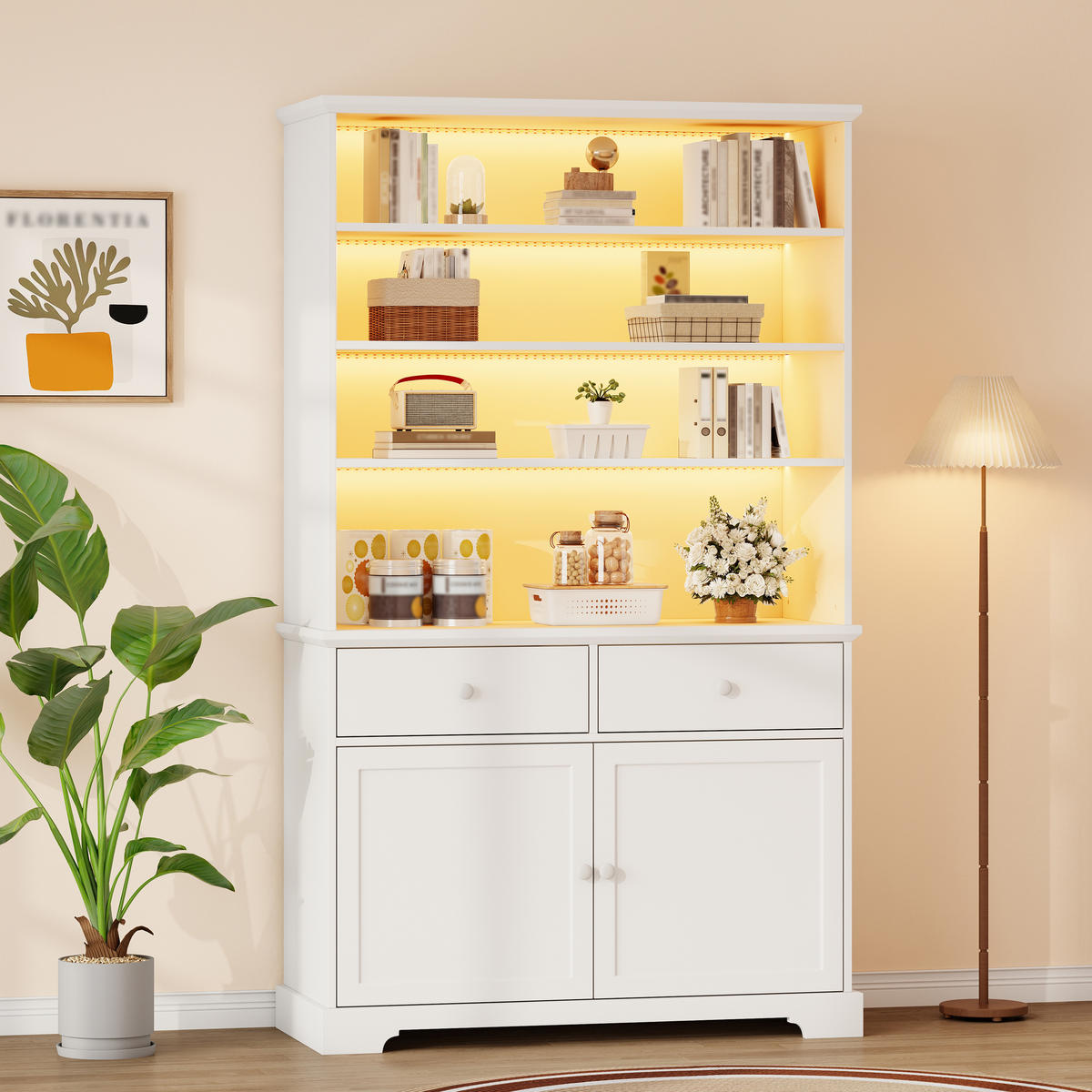 VITRINE weiß aus Spanplatte mit App-gesteuerter USB-LED 100 × 38 × 170 cm - Weiß, Holzwerkstoff (100/170/38cm) - Luhomfu