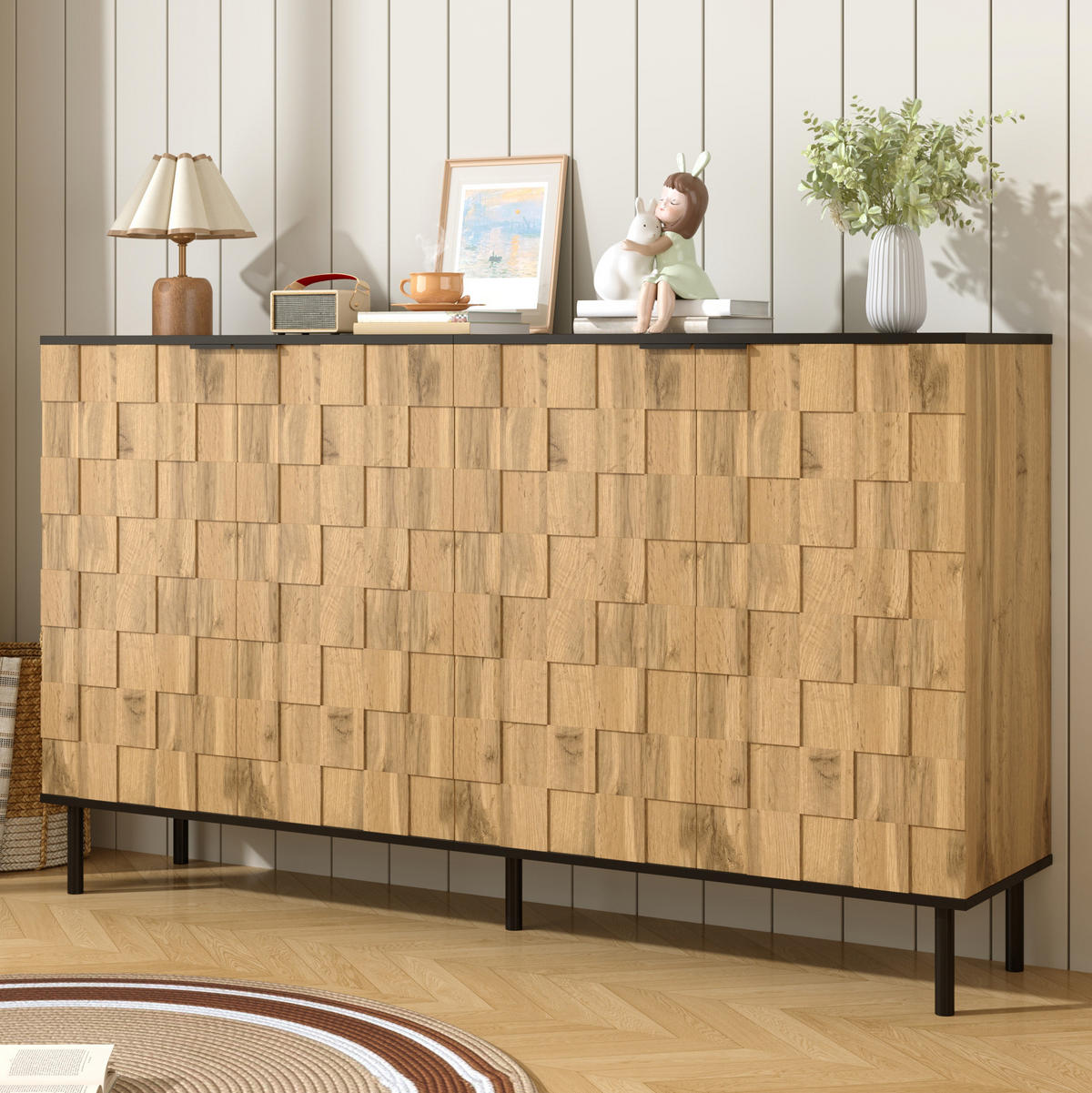 SIDEBOARD aus Spanplatte 160x35x80,5 cm Natur/Schwarz mit 2 Türen, festen Fächern und Mosaikfront - Naturfarben, Holzwerkstoff (160/80/35cm) - Modfu