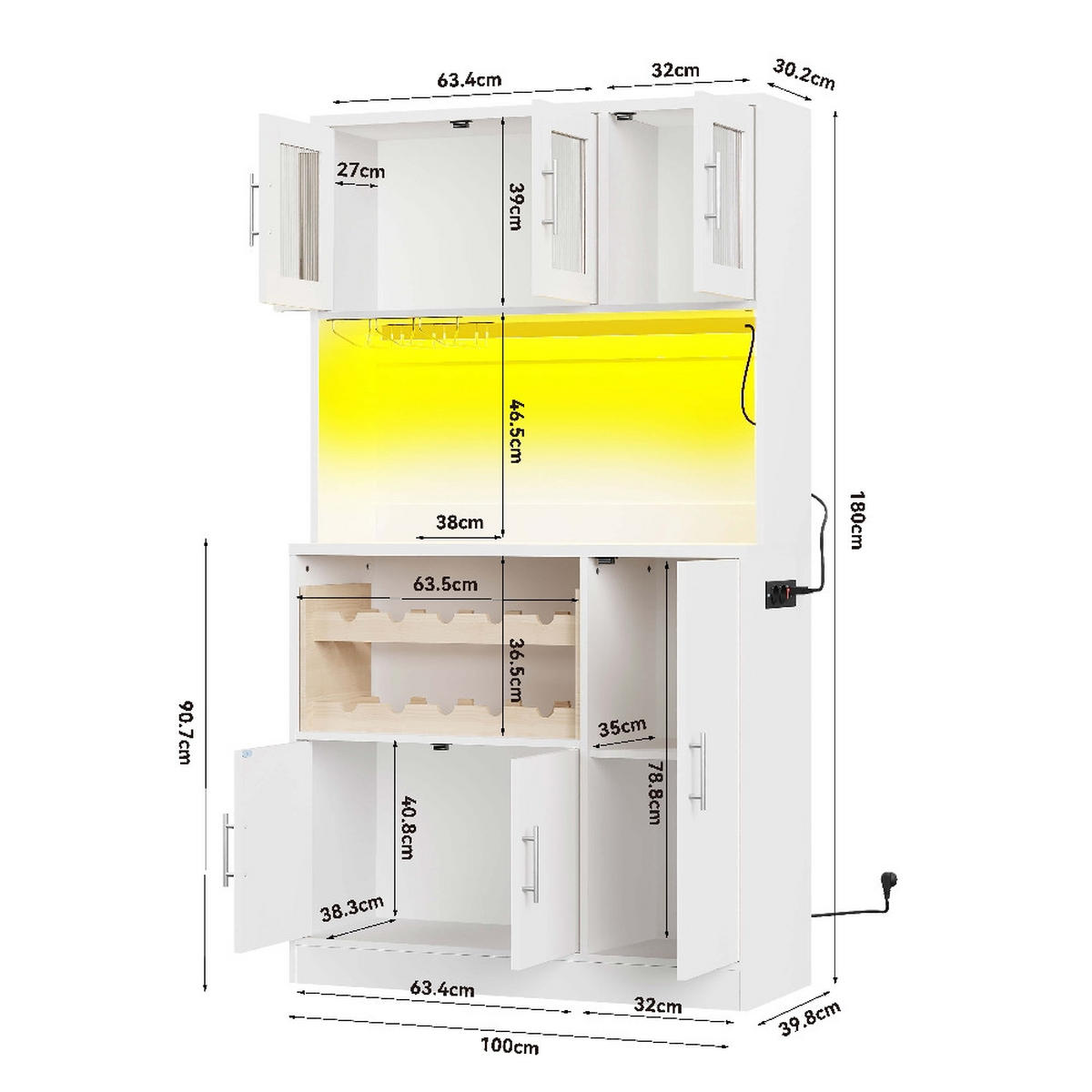 KÜCHENSCHRANK MIT RGB-LED UND STECKDOSE, Weinregal, MDF Weiß, Moderne Kaffeebar, 100/180/40 cm - Weiß, Kunststoff (40/180/100cm) - Rolipo