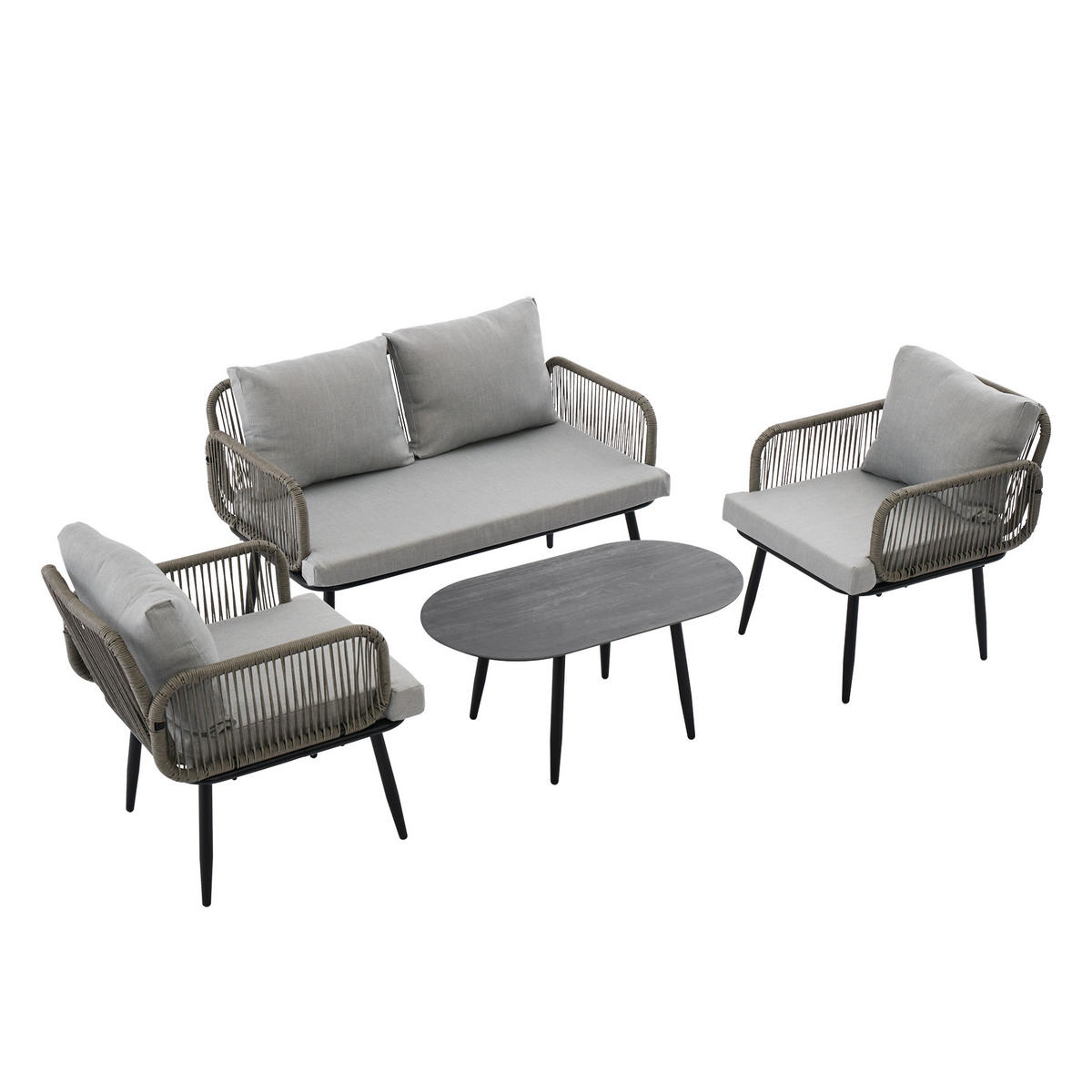 GARTENMÖBELSET aus verzinktem Stahlrohr 120x64x74cm Grau mit Holzoptik-Glastisch - Grau, Textil - Modfu