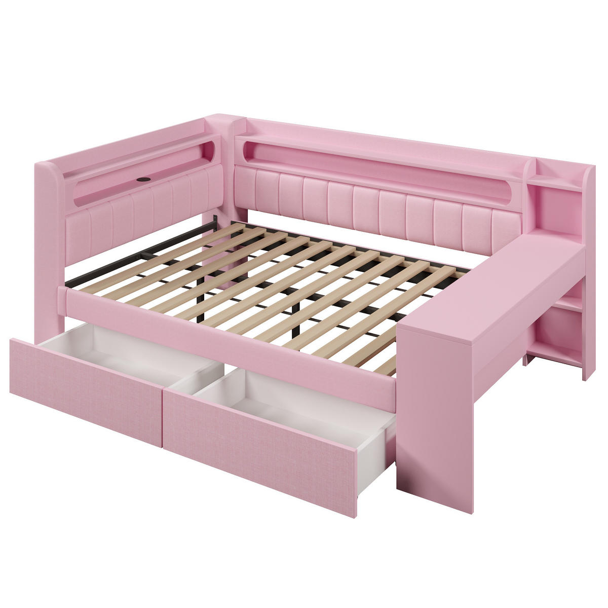 TAGESBETT 140/200 cm rosa aus MDF mit USB, LED, Schreibtisch und 2 Schubladen - Rosa, Holzwerkstoff (140/200cm) - OKWISH