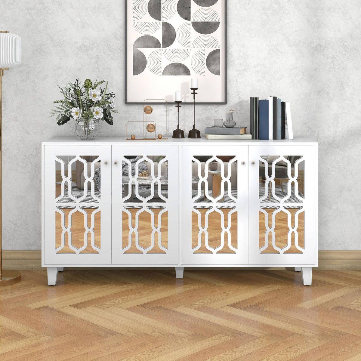 SKŘÍŇ na nádobí z MDF, 160/40/84 cm bílá se zrcadlovým povrchem a 4 dvířky - bílá, kompozitní dřevo (160/84/40cm) - BEAOK