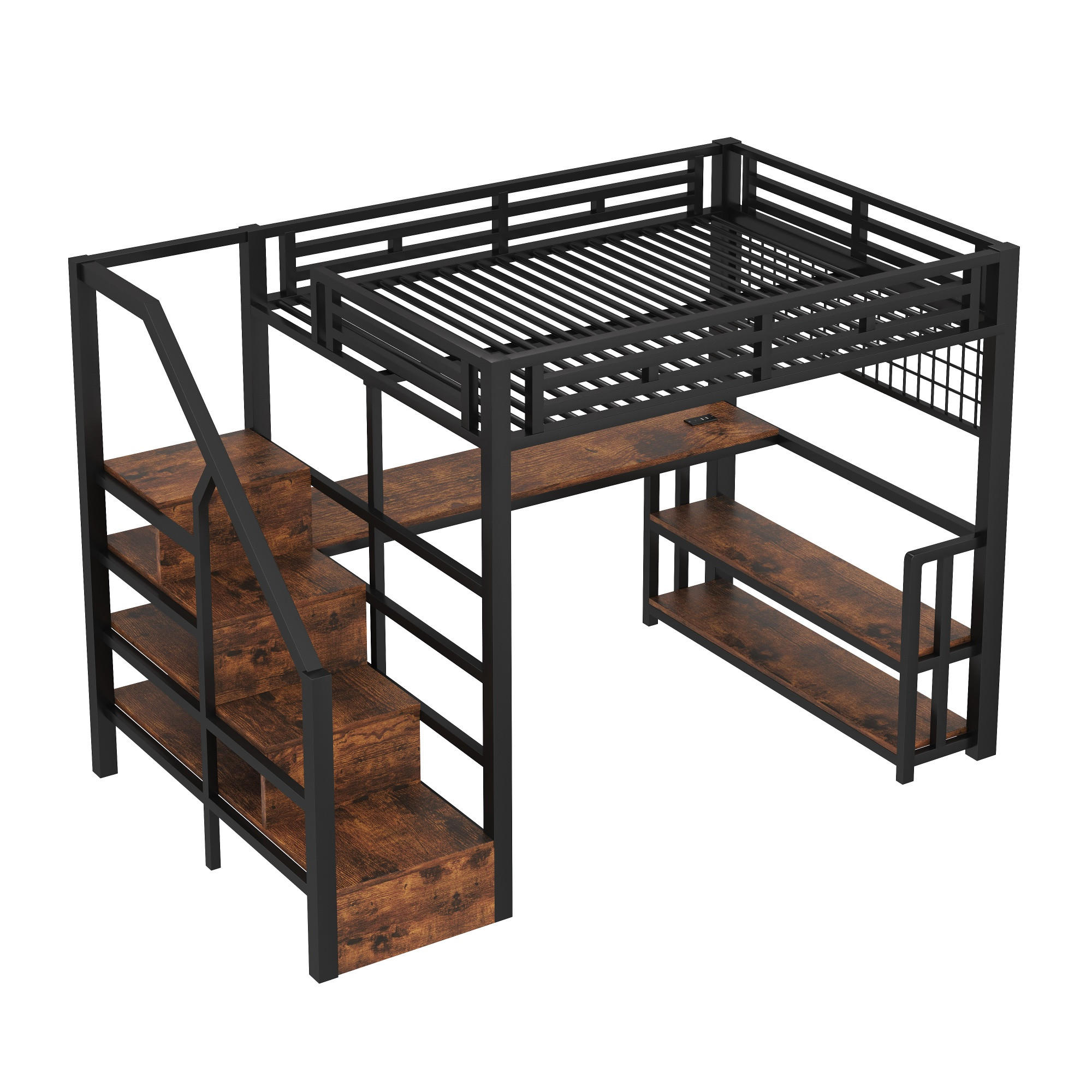 HOCHBETT 140/200 cm DE-04545, mit LED, Schreibtisch und Stauraum-Treppe in Schwarz - Schwarz, Metall (140/200cm) - ComfortXL