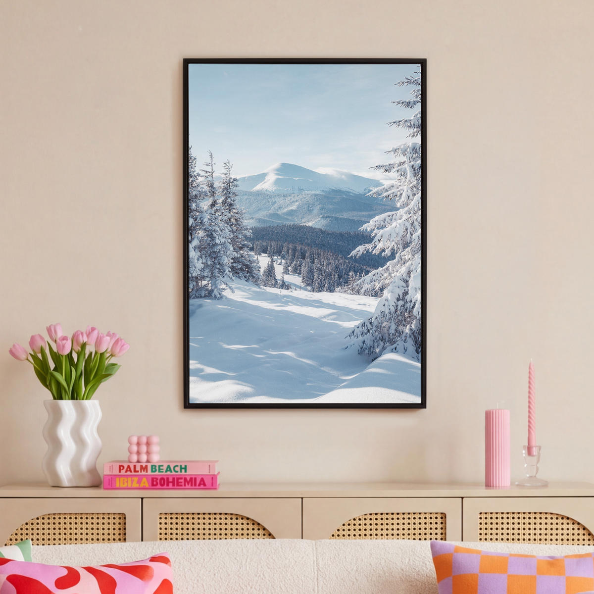 LEINWAND Bilder mit Rahmen - Winterlandschaft - Natur - Berge - Bäume - Schnee - 60x90 - Hellblau, Textil (60/90cm) - MuchoWow