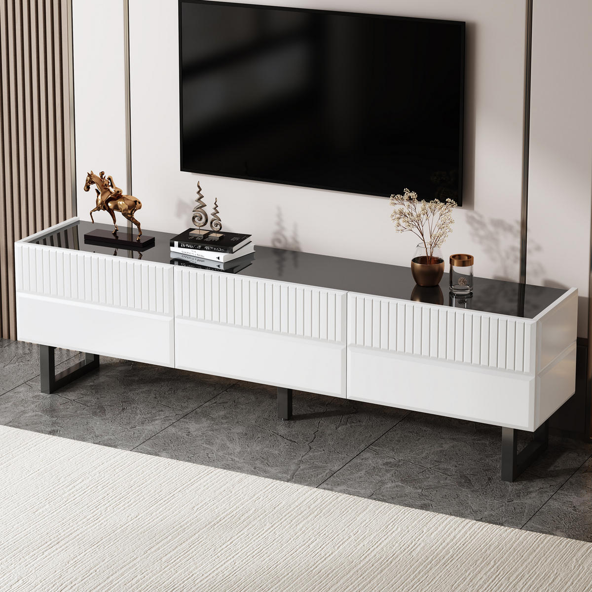 TV stolek 170/35/47 cm černobílý z MDF a dřevotřísky s úložnými zásuvkami - černá, kompozitní dřevo (170/47/35cm) - OKWISH