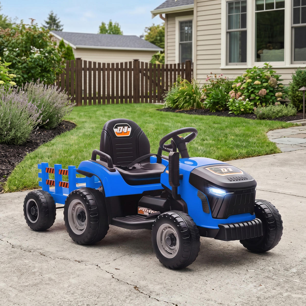 DĚTSKÝ ELEKTRICKÝ TRAKTOR 3 rychlosti s přívěsem, 2 motory, pro děti od 3 do 8 let, modrý - modrá, kov (139/58/55cm) - AIYAPLAY