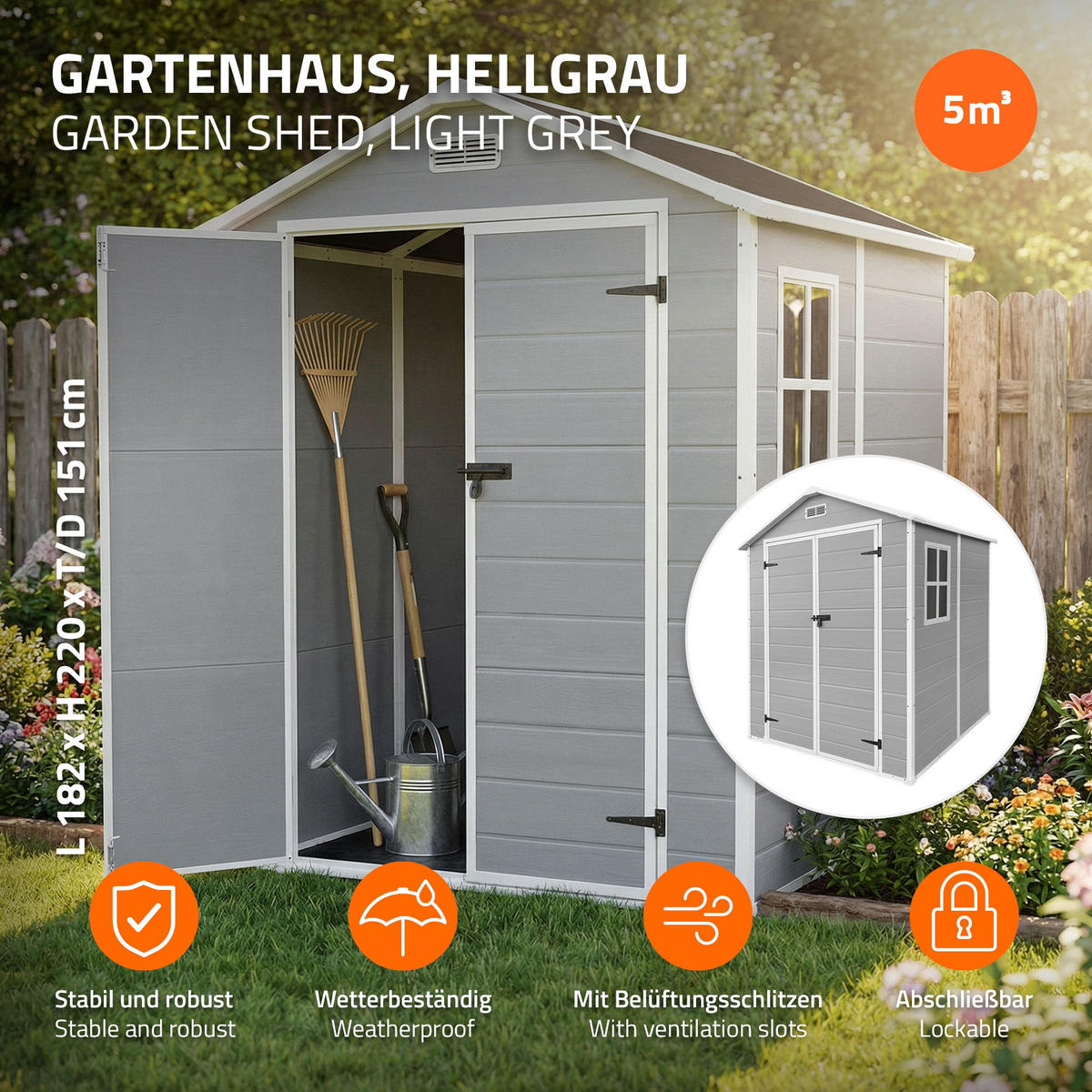 ZAHRADNÍ DOMEK z plastu s podlahou 5 m³ 151 x 182 x 220 cm světle šedý - světle šedá, plast (182/220/151cm) - ECD-Germany