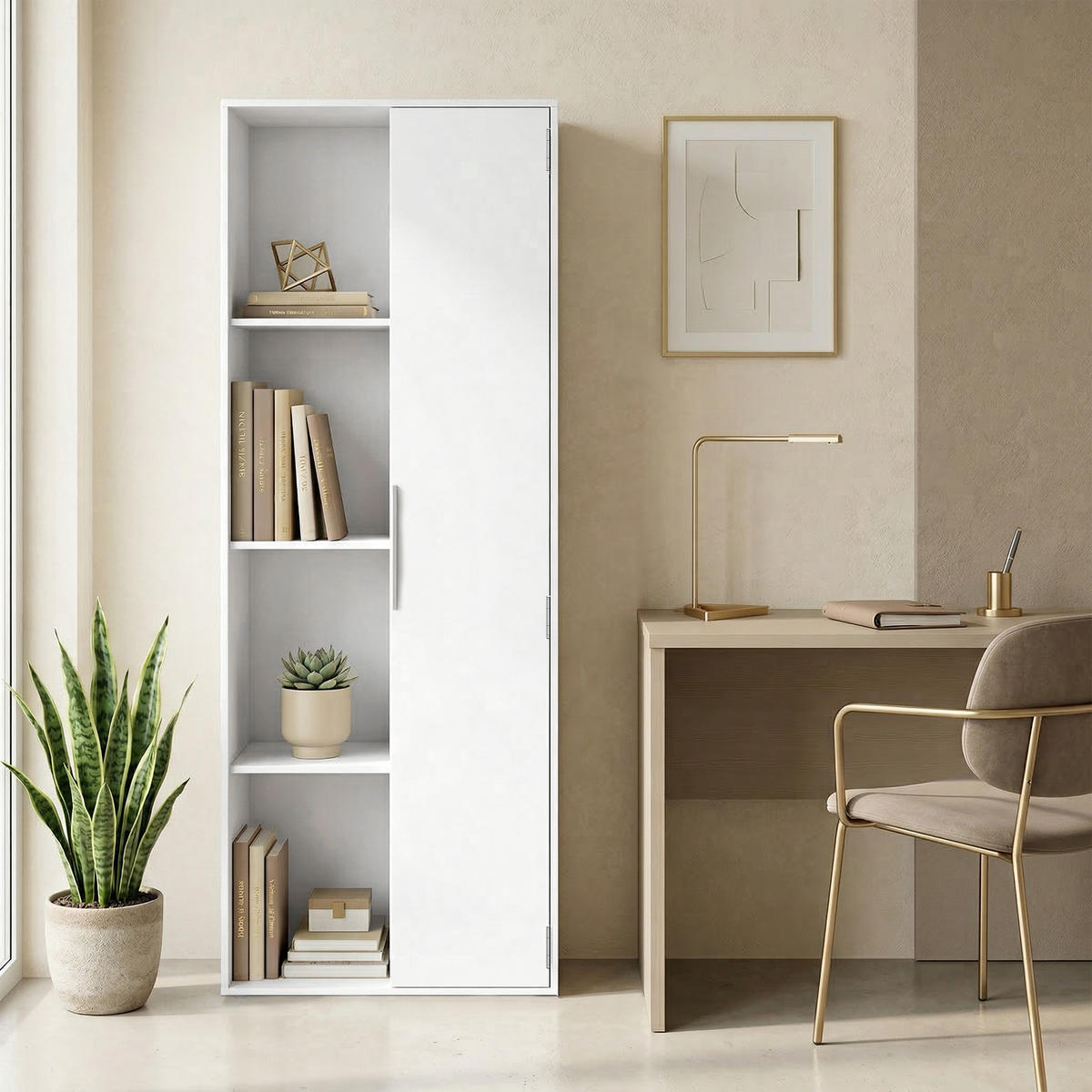 BÜCHERREGAL DE-09903 4-stöckig mit Schrank und Türen Weiß - Weiß, Holzwerkstoff (35/160/60cm) - ComfortXL