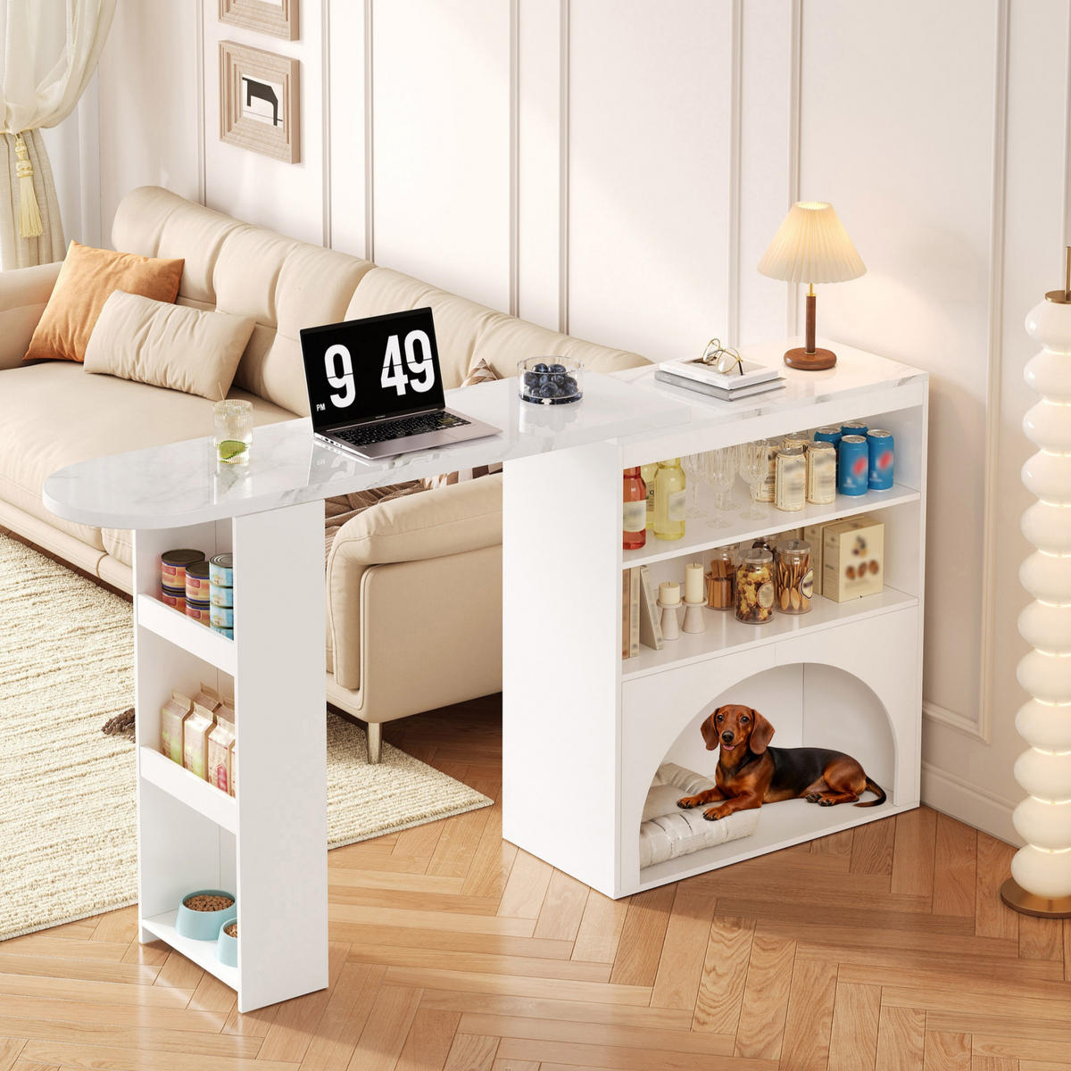 BARTISCH 120/40/100 cm weiß in Marmoroptik mit Haustierbereich - Weiß, Holzwerkstoff (120/40/100cm) - OKWISH