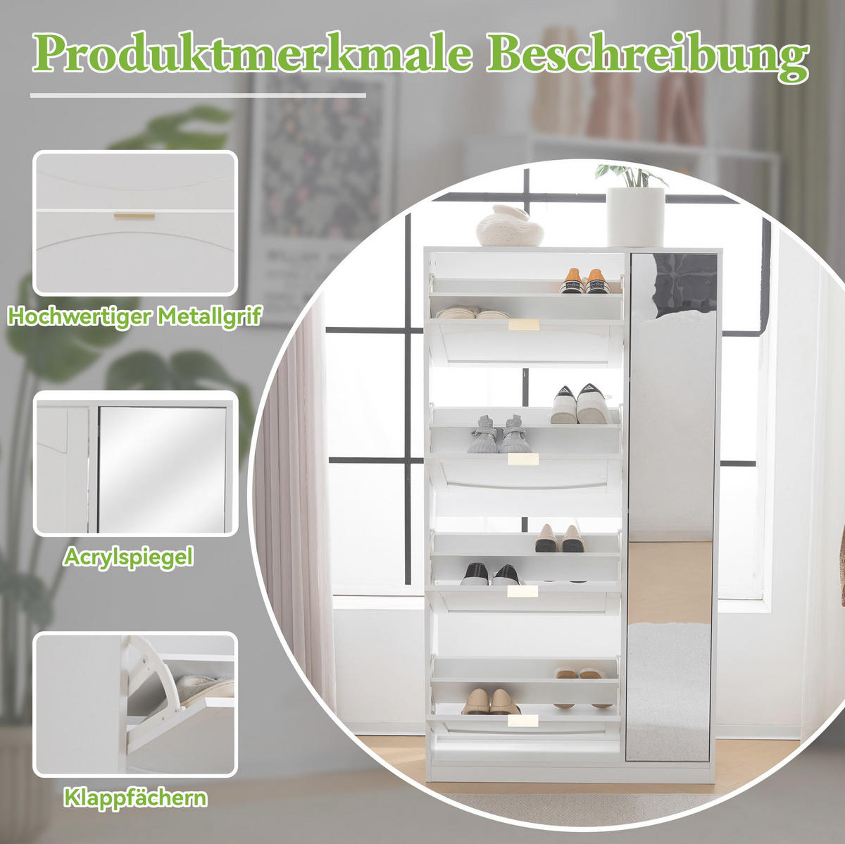 ORMAR za cipele 24/80/147 cm bijeli od iverice sa zrcalnim vratima i 4 preklopna pretinca - bijela, drvni materijal (80/147/24cm) - OKWISH