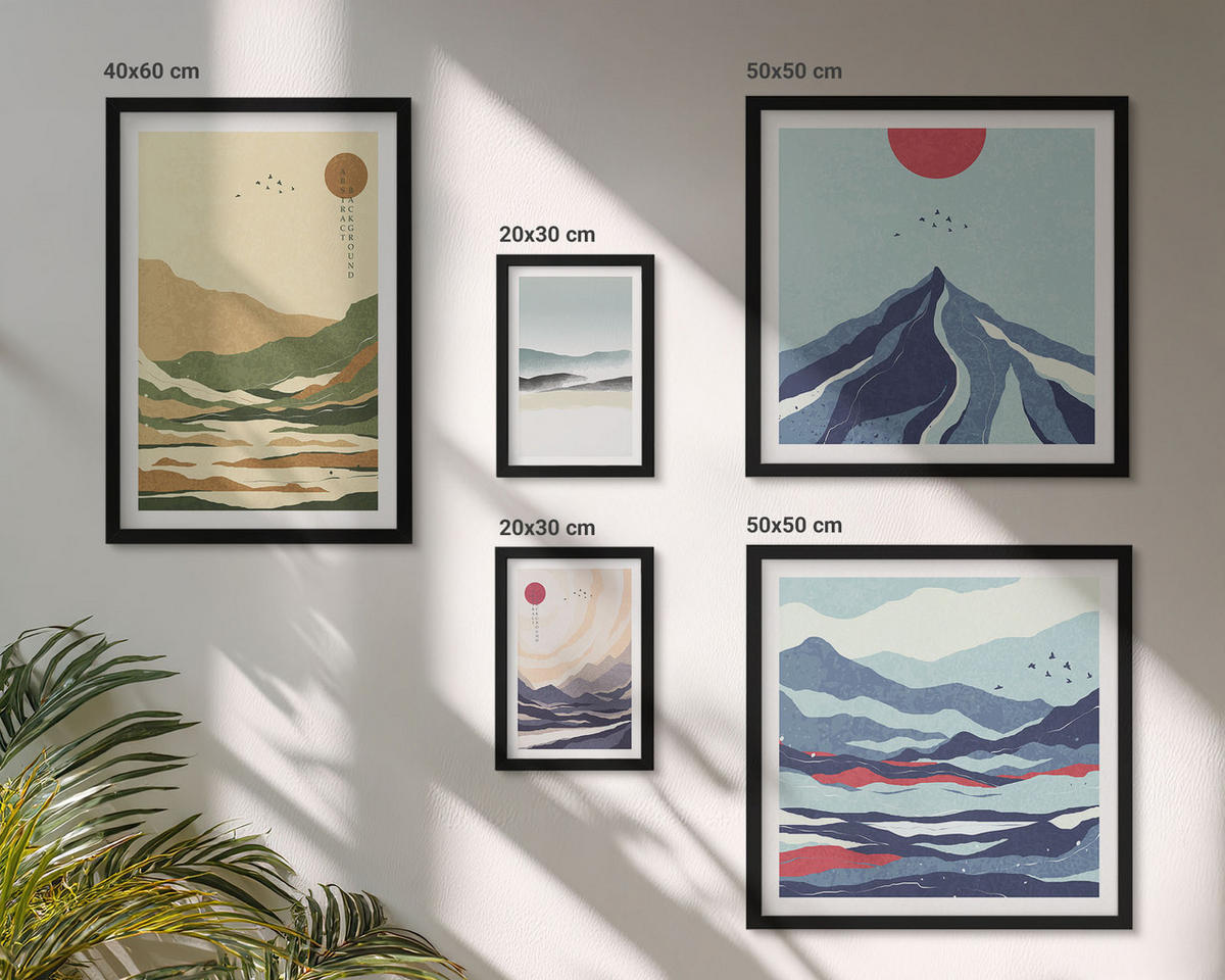 WANDBILDER 5er-Set - 50x50 cm & 20x30 cm & 40x60 cm Schwarzer Rahmen - Berge minimalistische Pastellfarben - Schwarz, Kunststoff (40/60cm) - ArtPrintCave