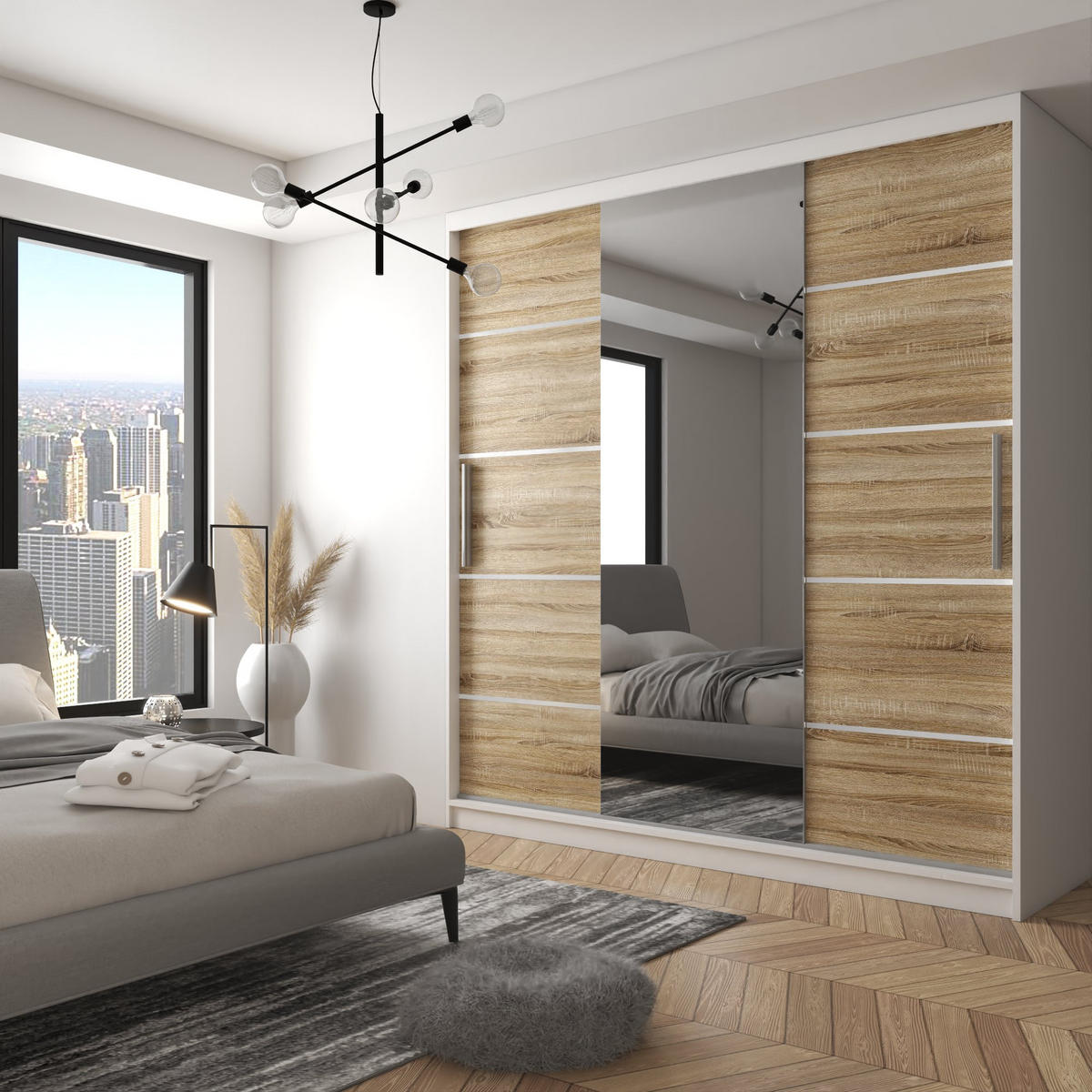 SCHWEBETÜRENSCHRANK Verona MT, Weiß/Sonoma Eiche Matt, 200 cm, mit Spiegel - Sonoma Eiche, Holz (200/216/60cm) - B BELINI GROUP