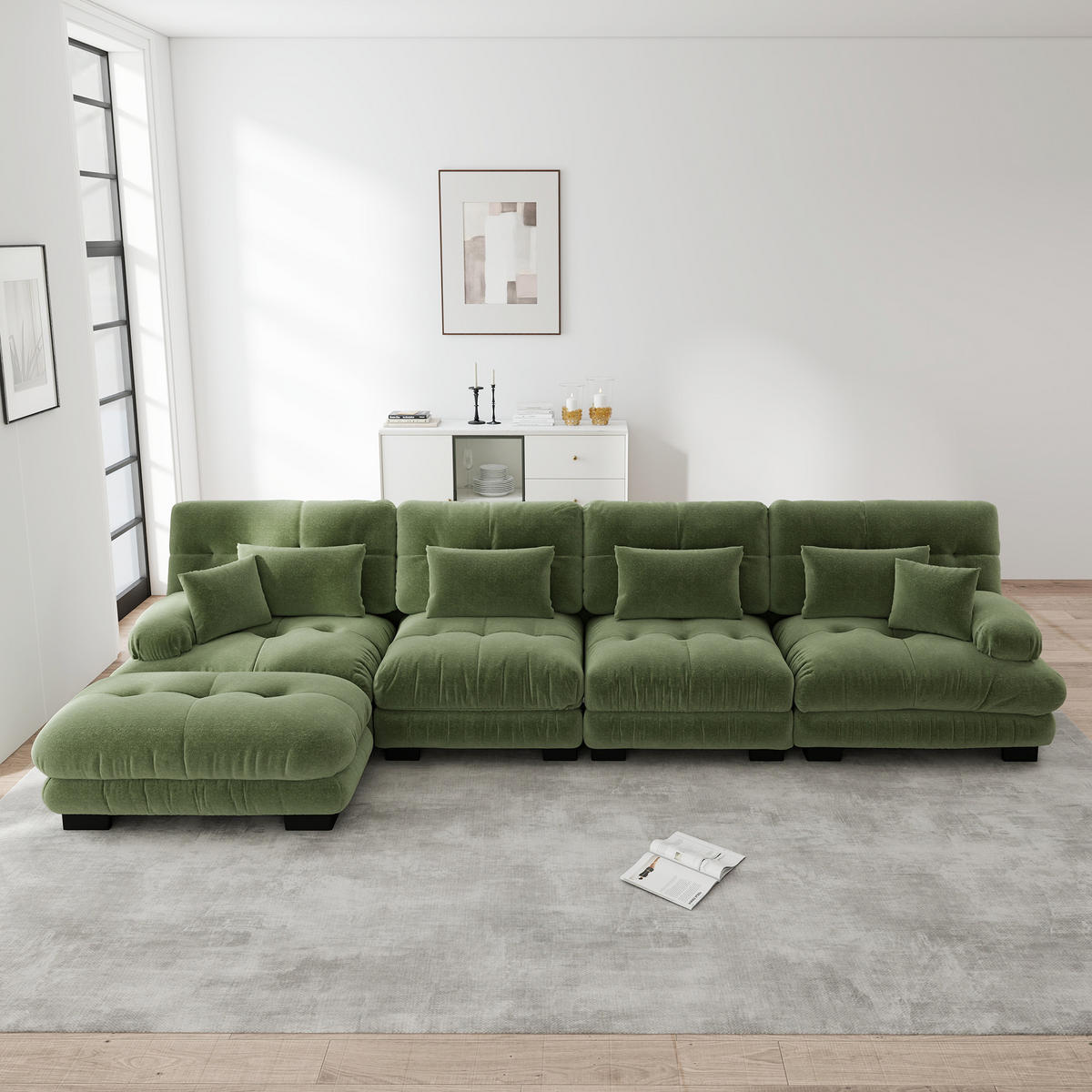 4-SITZER ECKSOFA Chenille Grün mit Ottomane - Grün, Textil (406/145cm) - WISHDOR