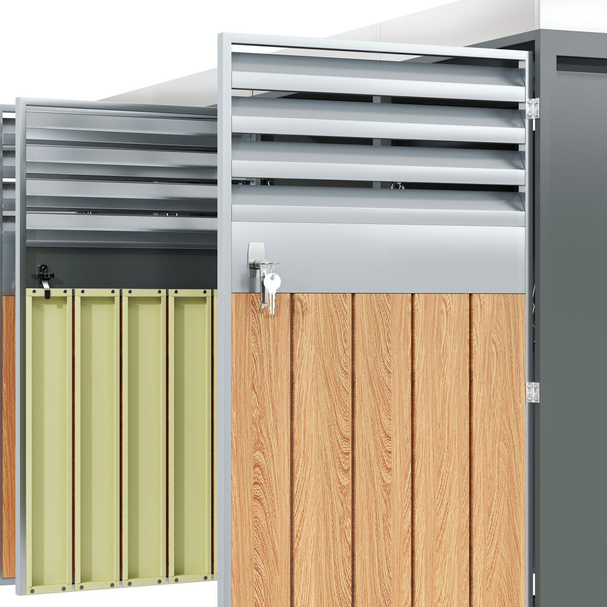 MÜLLTONNENBOX aus Stahl in Grau/Holzoptik mit Pflanzfläche & 4 abschließbaren Türen - Grau, Metall (264/124.5/80cm) - Modfu