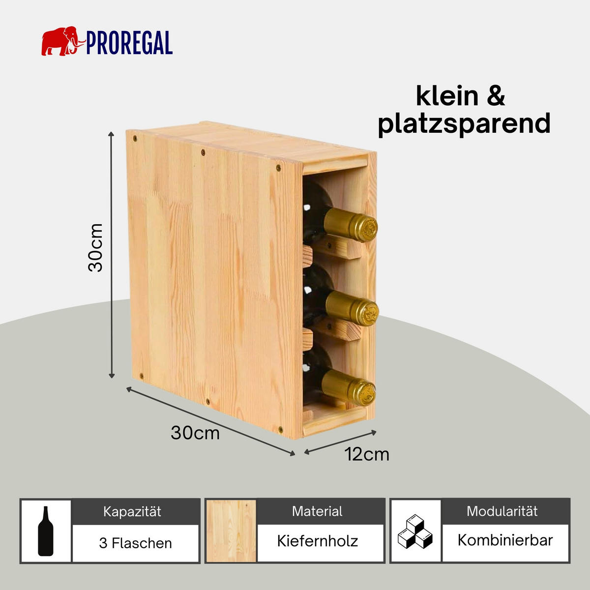 WEINREGAL Vincellar Mod 30x12x30 cm Schmal Modul Für 3 Flaschen Massives Kiefernholz Natur - Naturfarben, Holz (12/30/30cm) - PROREGAL