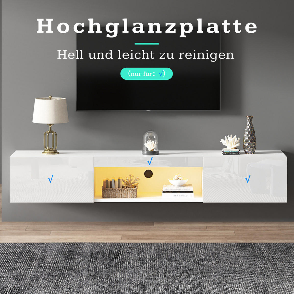 TV-SCHRANK 160x31cm wandmontierbar Hochglanzweiß LED bis 70 Zoll 30KG - Weiß, Holz (39.5/13/170.5cm) - FLIEKS