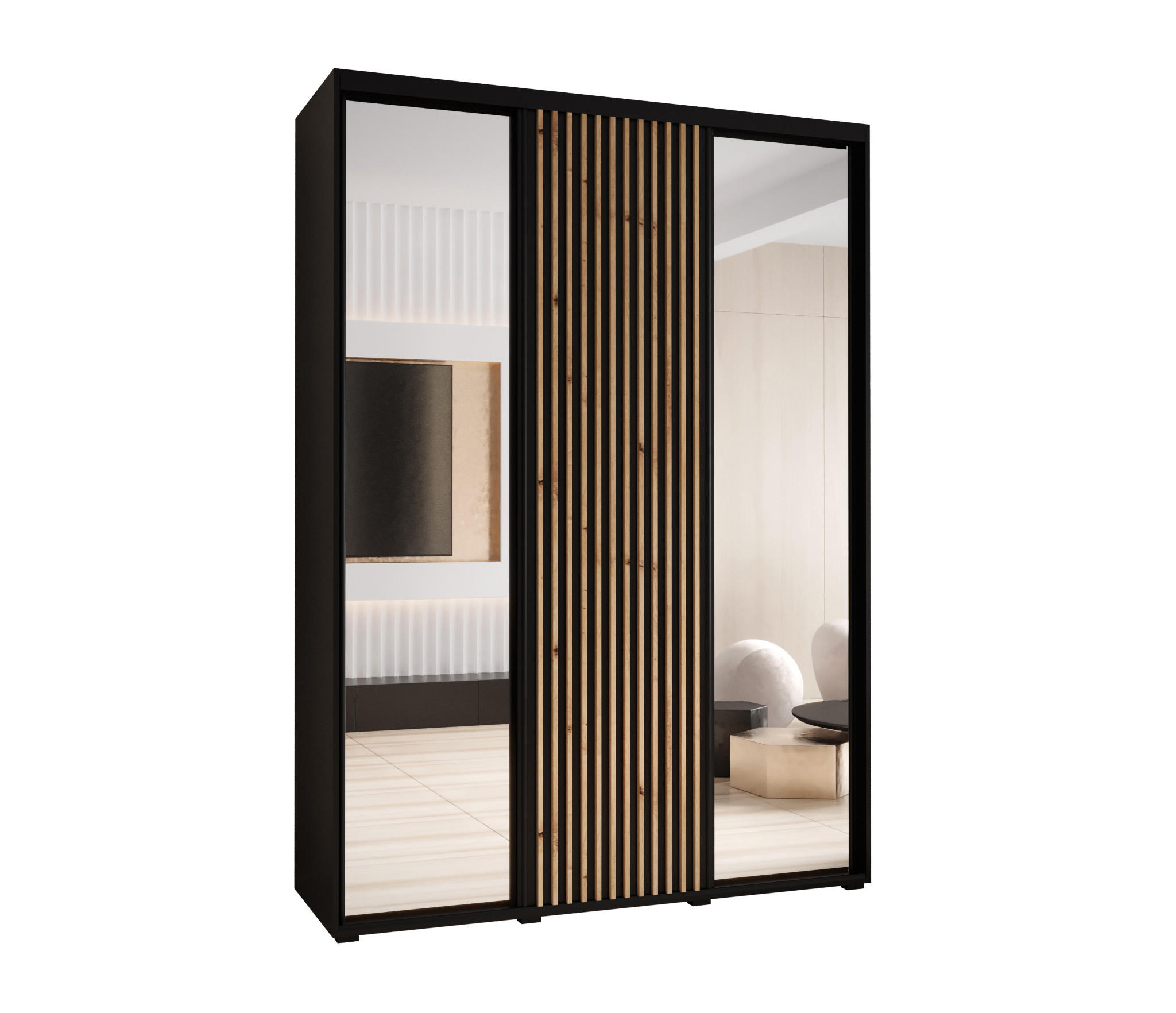 Abiks Möbel Schwebetürenschrank Schwarz, Schwarz, Eiche Artisan 180x205.2x45 cm