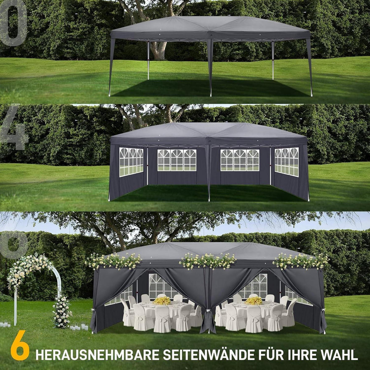 FALTPAVILLON 3 x 6 m Dunkelgrau mit 6 Seitenteilen - Anthrazit, Textil (300/268/600cm)