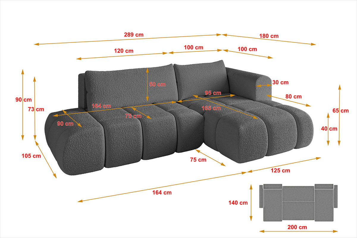 ECKSOFA Ottomane Rechts CLOUD-L 289x180x40 Grau Bouclé - Grau, Holzwerkstoff/Kunststoff (289/180cm) - ALTDECOR