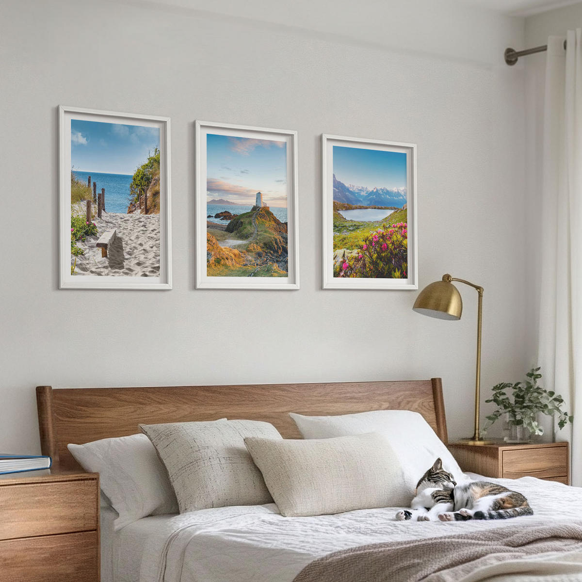 WANDBILDER 3er-Set - 40x60 cm Weißer Rahmen - Strand, Leuchtturm, Berge, Blumen - Weiß, Kunststoff (40/60cm) - ArtPrintCave