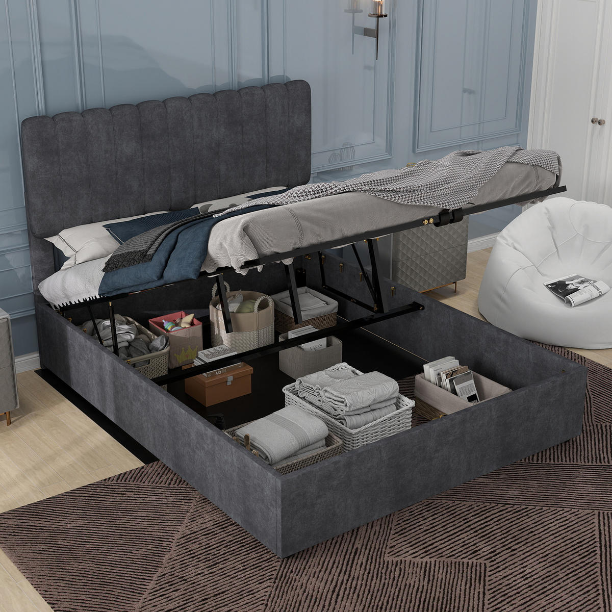 POLSTERBETT 160/200 cm in Grau Samt - Grau, Holzwerkstoff/Textil (160/200cm) - WISHDOR