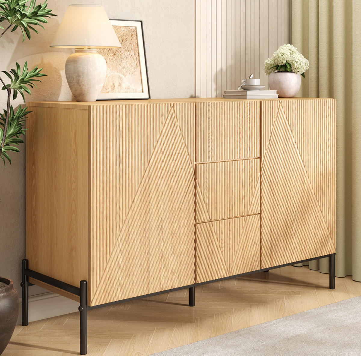 SIDEBOARD 158/40/88 cm aus Spanplatte mit 4 Rattantüren und verstellbarem Einlegeboden, Natur - Naturfarben, Holzwerkstoff (158/88/40cm) - Redom